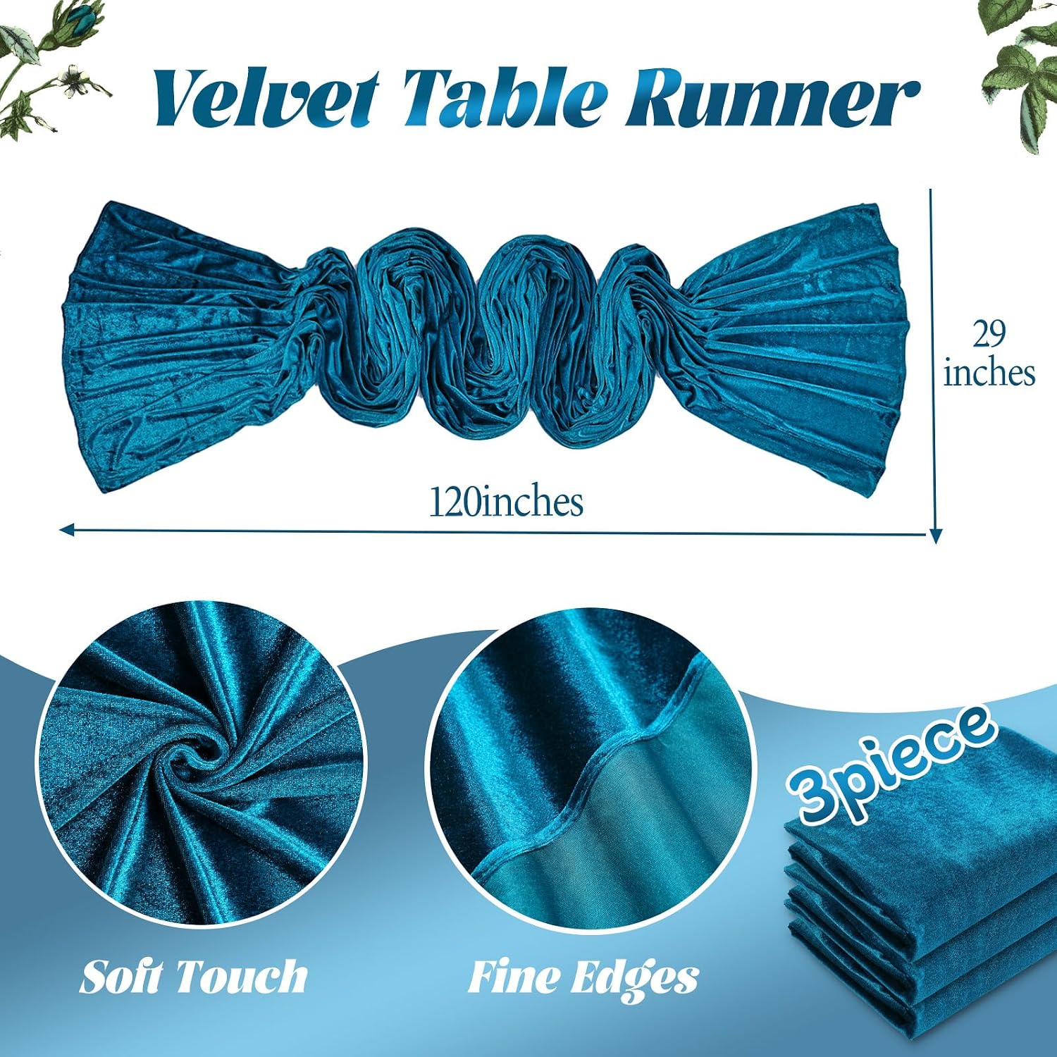 Peacock Blue Velvet Table Runner: 3 Packs 29x120 Inch 10ft Long Luxurious Thick Velvet Wedding Runner for New Year Bridal Shower