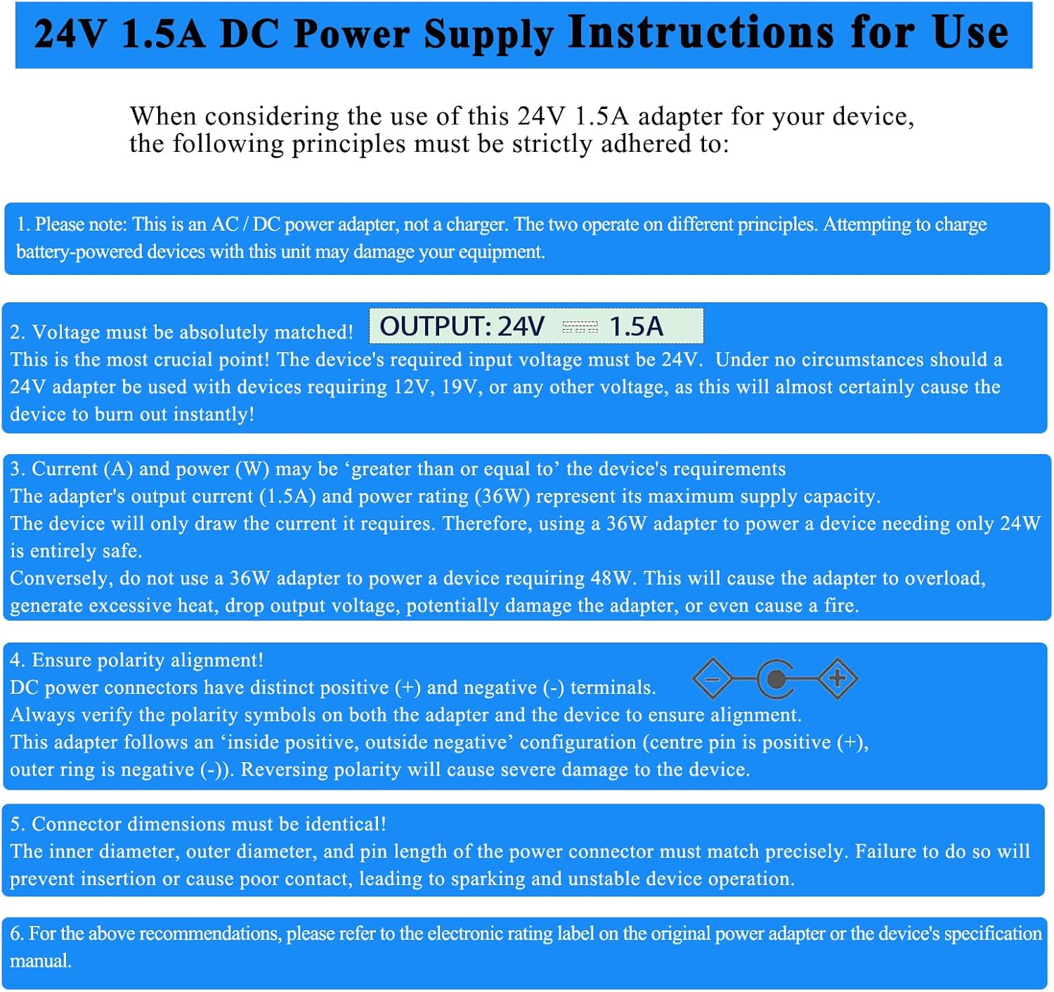 TKDY 24V 1.5A DC Power Supply Cord, fit for DC 24V 1.5A 1A 0.5A LED Light Strip, 24 Volt Light Diffuser, and More, 100-240V 50/60hz 36W 24W Power Adapter with 5 Tips (Not for Charging).