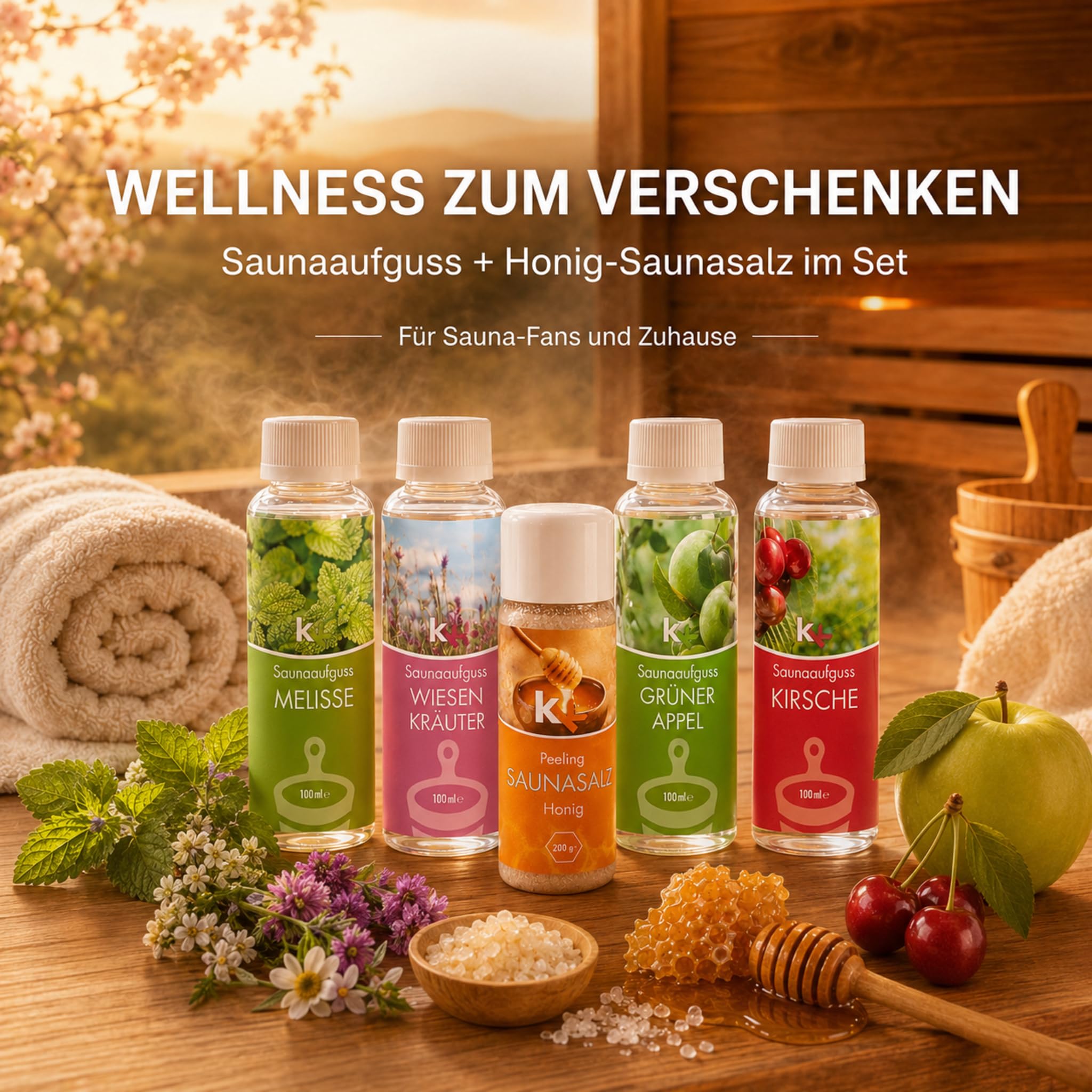 Saunaaufguss Set Altes Land 4x100ml + Honig Saunasalz Peeling – Melisse, Wiesenkräuter, Grüner Apfel & Kirsche – Hochkonzentriert – Fruchtig-frisches Sauna Geschenkset – Made in Germany
