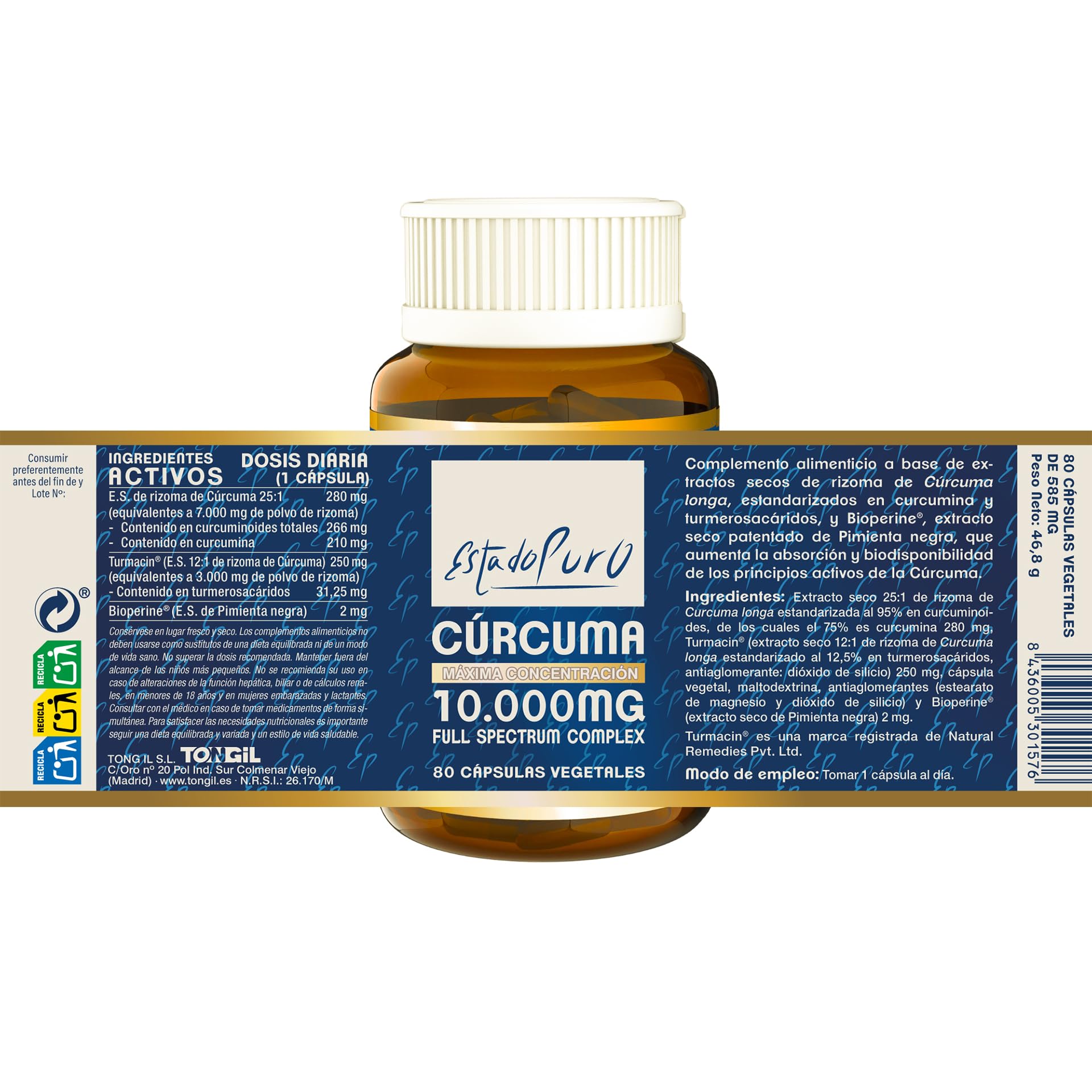 Estado Puro Cúrcuma 80 Cápsulas | Con Pimienta Negra | Alta Potencia 10.000 mg | Turmeric Complex con 3 Tipos de Curcumina | Tongil (1)