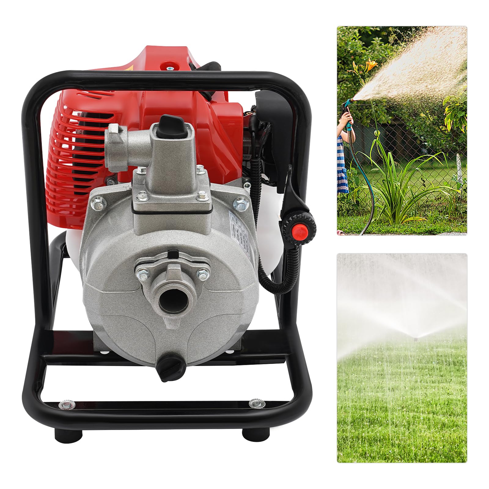Bomba de agua de gasolina de 1,7 CV, 2 tiempos, 43 CC, bomba de agua portátil, bomba de jardín, bomba de agua sucia, con conexión de 1 pulgada, filtro de aire, altura de extracción 30 m, para llenado