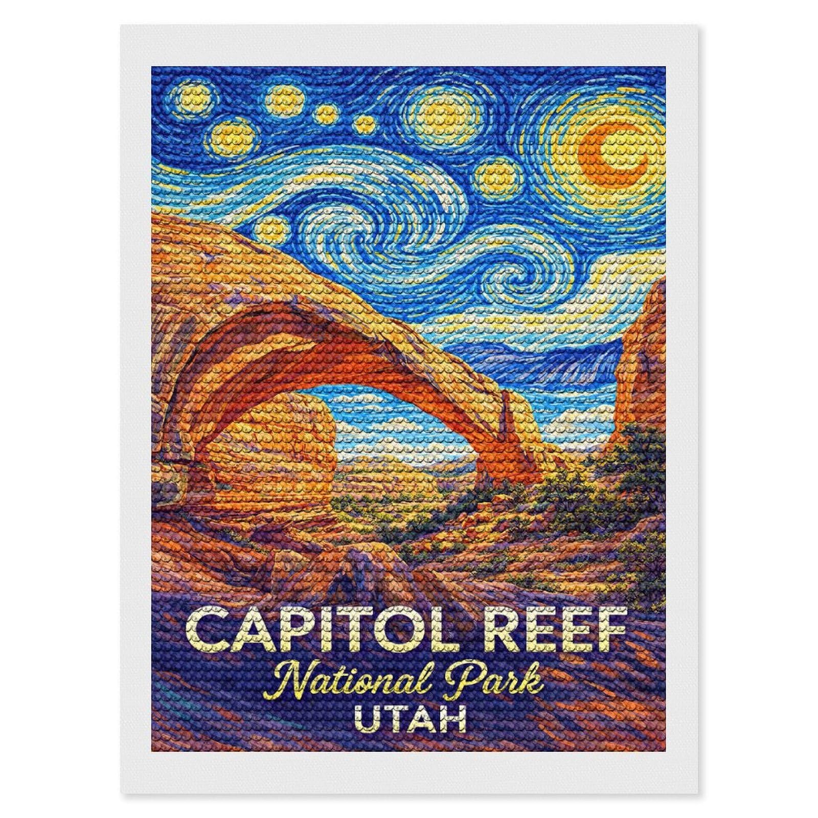 Junmoney Capitol Reef National Park Starry Night Round Drill Diamond Painting 12"x16", for Adults, Creative Leisure Activity, Office Decor, Holiday Gift Idea