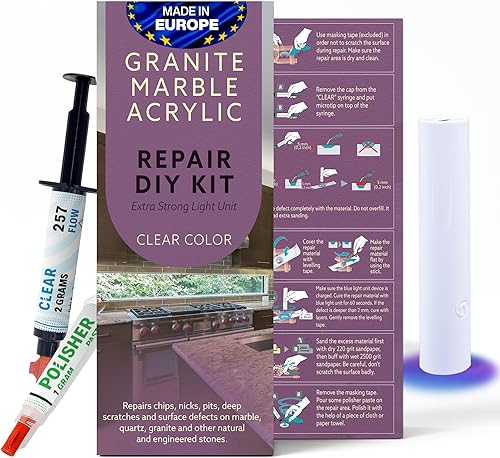 Kit de reparación de granito, mármol y acrílico (transparentetransparente) - Soluciona tus defectos como un profesional I adecuado para la mayoría