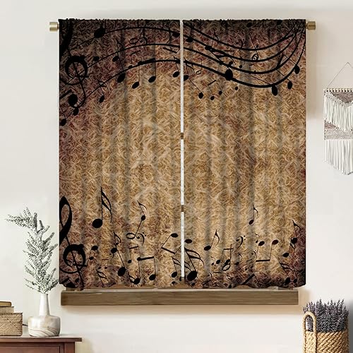 Miniatura 1 de Cortinas de notas musicales, melodía geométrica rural retro, arte nostálgico medieval, arte abstracto marrón degradado, decoración del hogar,