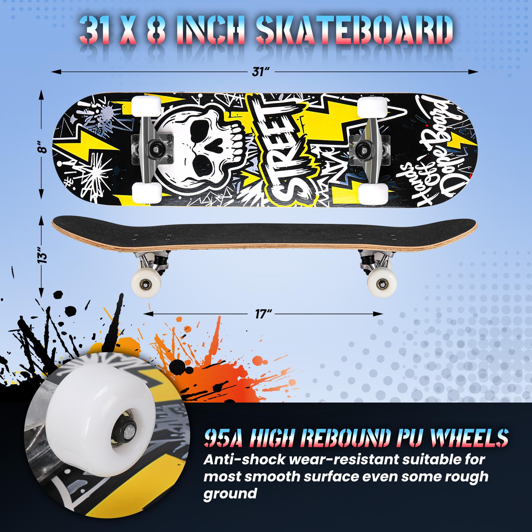 Planche à roulettes Pro complète pour débutants, filles, garçons, enfants, adolescents, adultes, 78,7 x 20,3 cm, 7 couches, érable canadien, longboard concave double kick