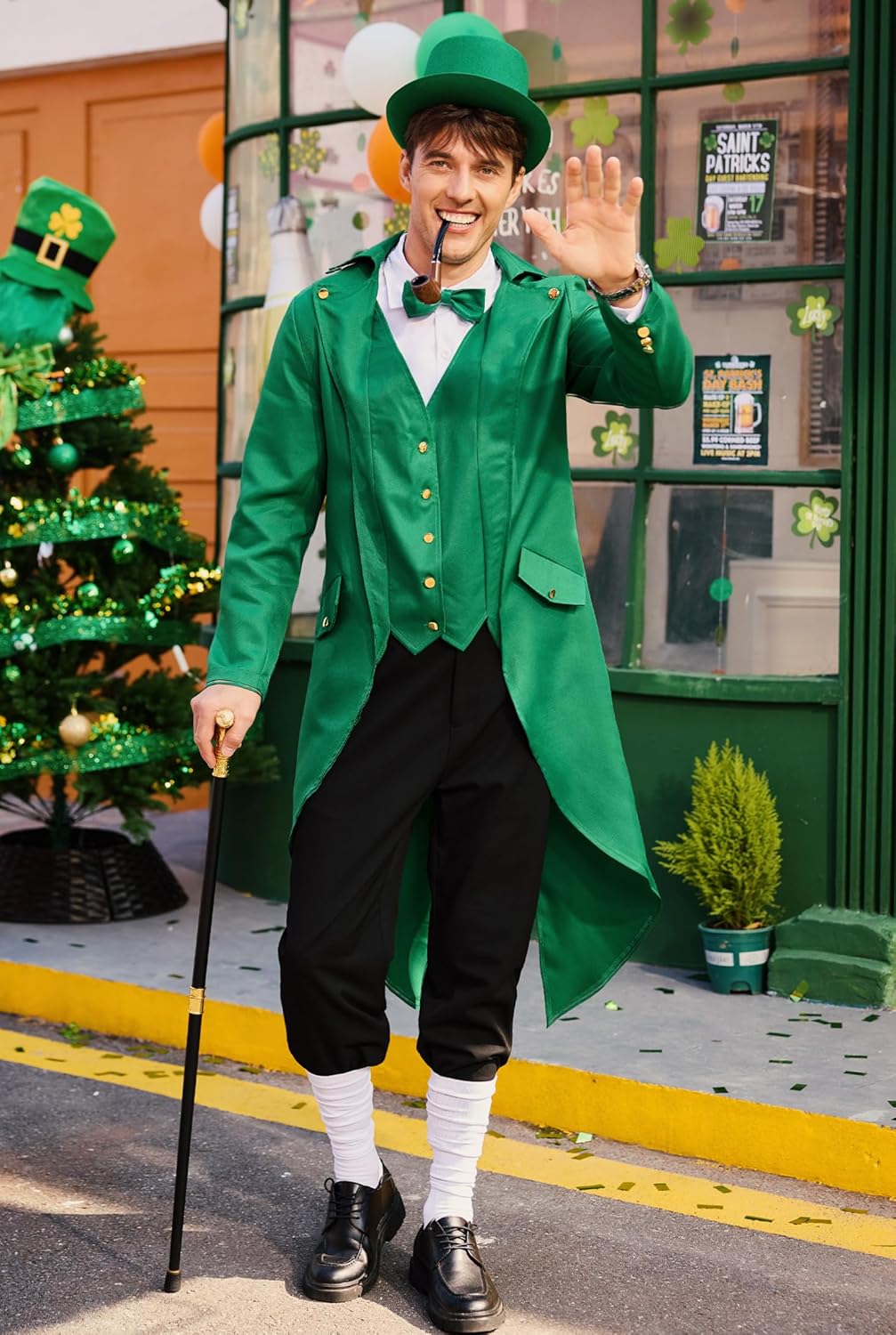 Arvilhill 3 Pcs Men's St. Patrick's Day Costume Leprechaun Outfit Steampunk Tailcoat Hat Bow Tie (S-3XL)