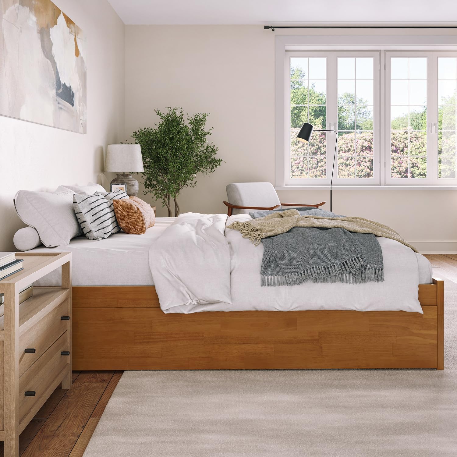 HomeStock King Platform Bed with Footboard & Twin XL Trundle in Light Toffee