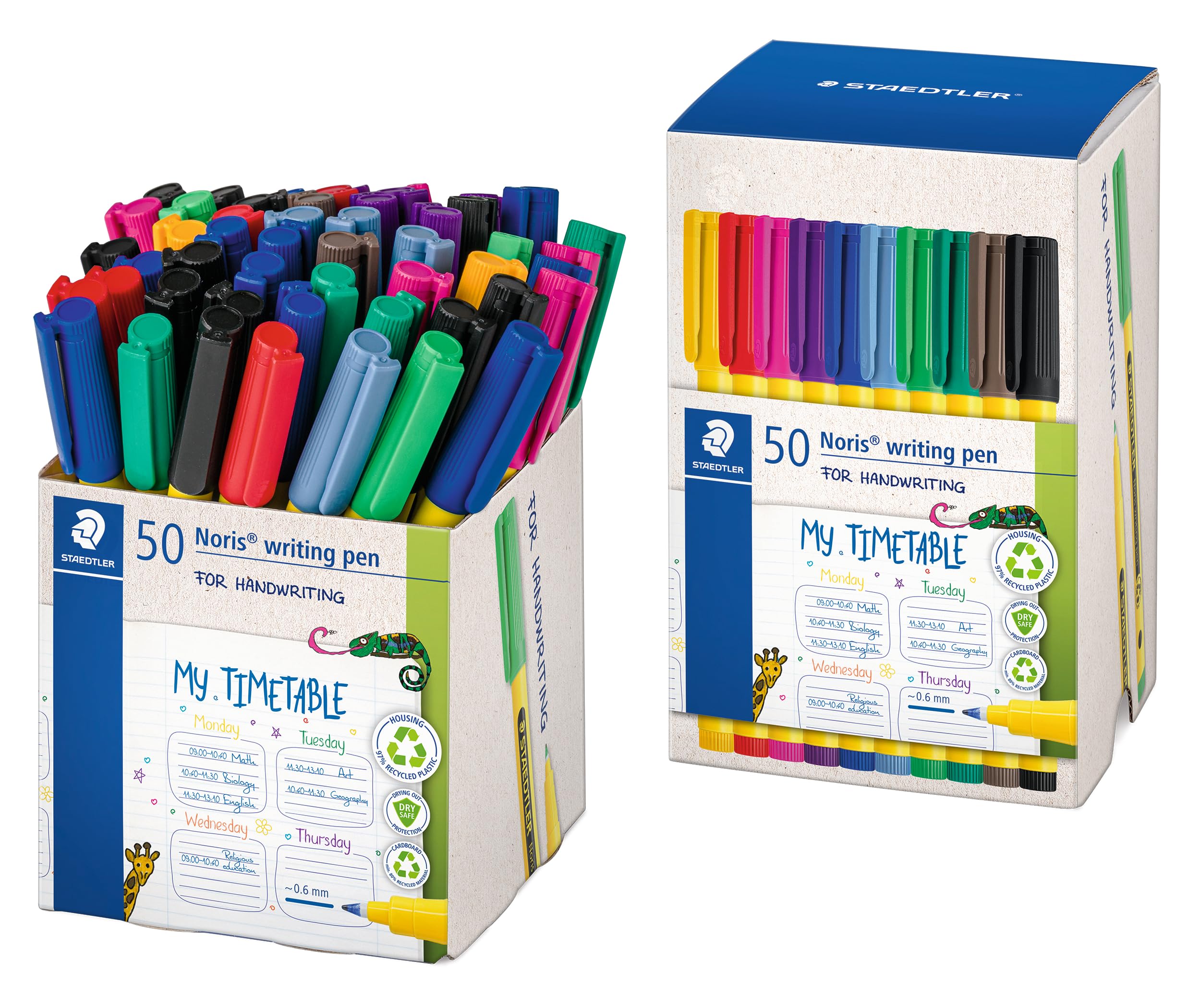 STAEDTLER Noris Stylo d'écriture, lot de 50, pointe fineliner 0,6 mm, couleurs assorties, encre à base d'eau, séchage rapide, pour prise de notes à l'école ou au bureau, écriture manuscrite, dessin
