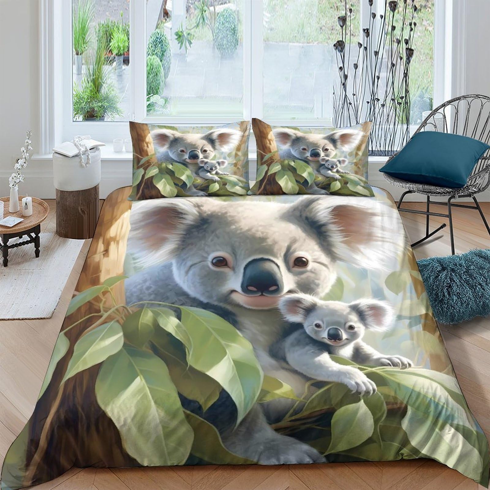 Ctjqhvkz Style-7 3D Printed Koala Family Fitted Sheet Microfiber Soft Breathable Eucalyptus Leaves Bed Cover For Bedroom Guest Room Decor Single（135X200cm）