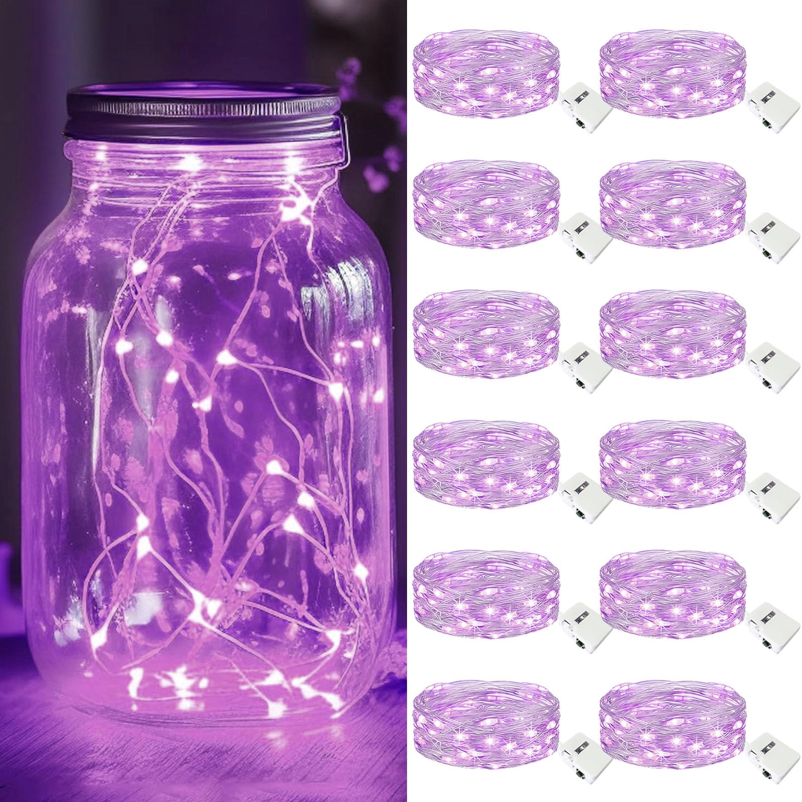 kolpop 12 Pack LED Fairy Lights Battery Operated, Mini Twinkle String Lights Battery Powered Waterproof for Christmas Mason Jars Party,Purple