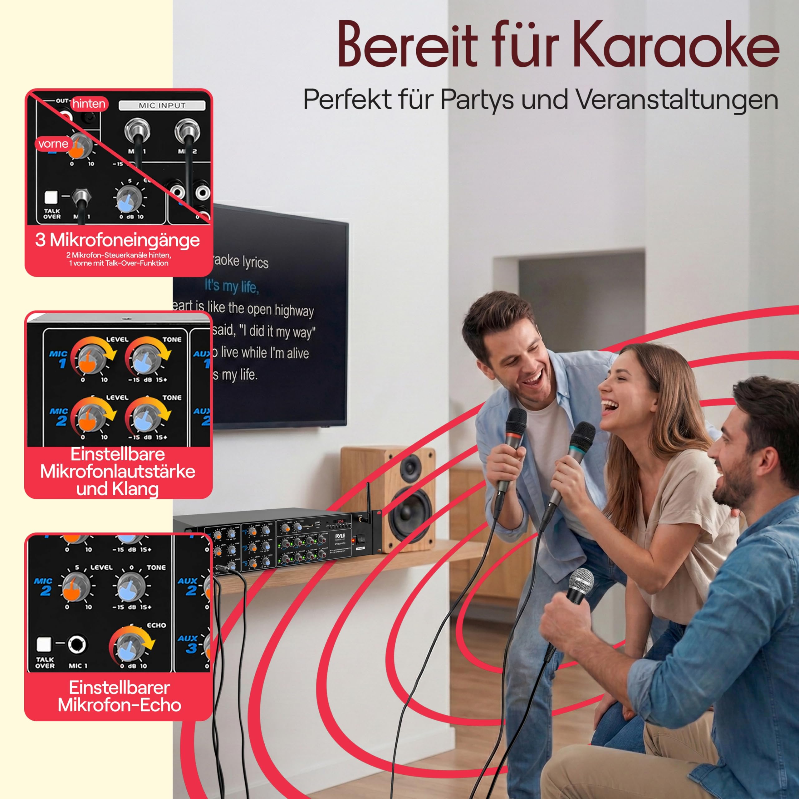 Pyle Mischverstärker, 8-Kanal Bluetooth HiFi Verstärker/Endstufe 4000W mit Mikrofon mit Talkover, RCA, USB, AUX für Lautsprecher, Karaoke, Party & Konferenz