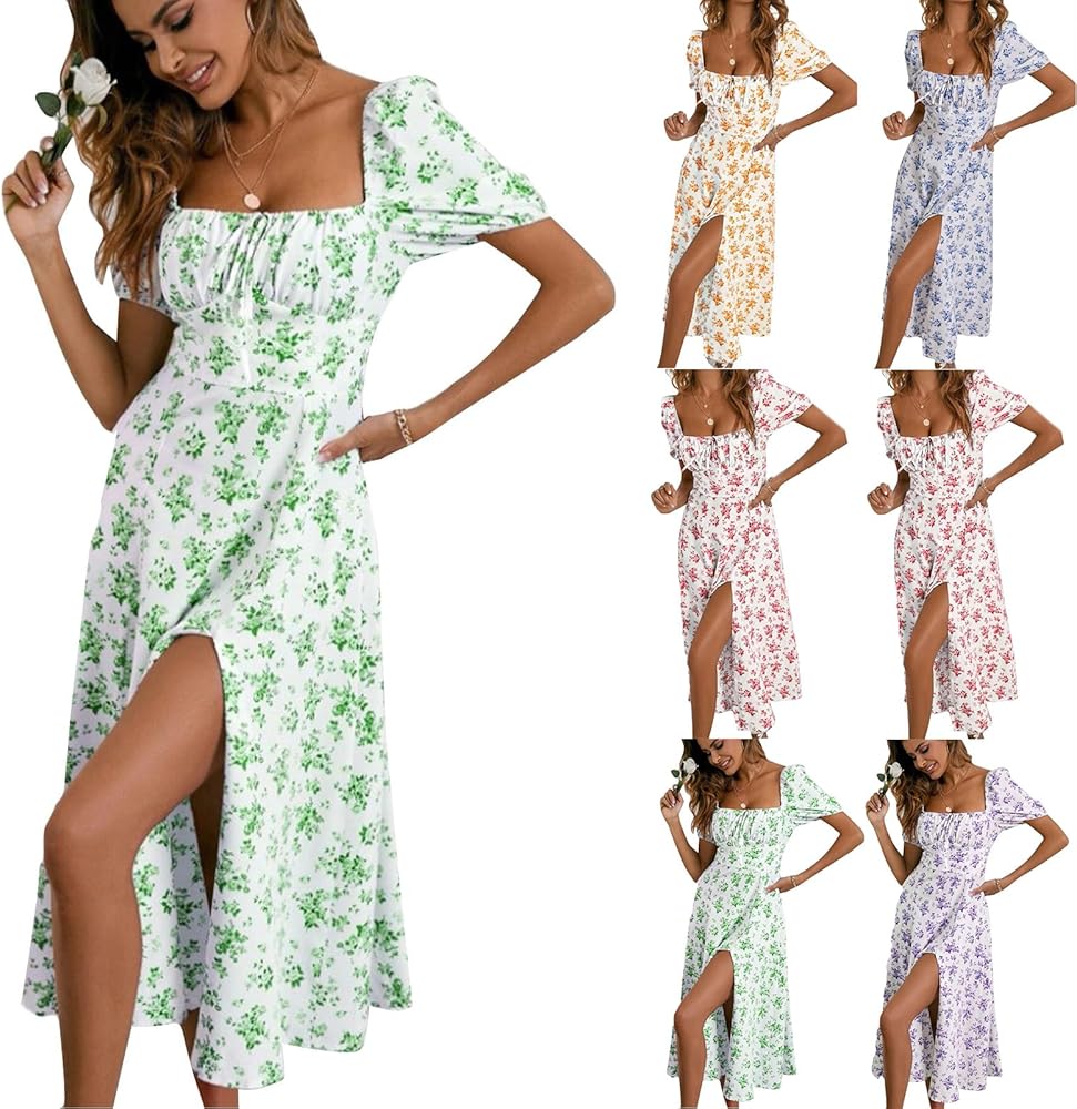 Summer Dresses for Women 2025 Square Neck Puff Sleeve Dress Croset Top  Milkmaid Sundress Boho Corset Sundress Tight Flowy Split Midi Dress  Cocktail Wedding Guest Dresses Tie Front Cute Sundressss at Amazon