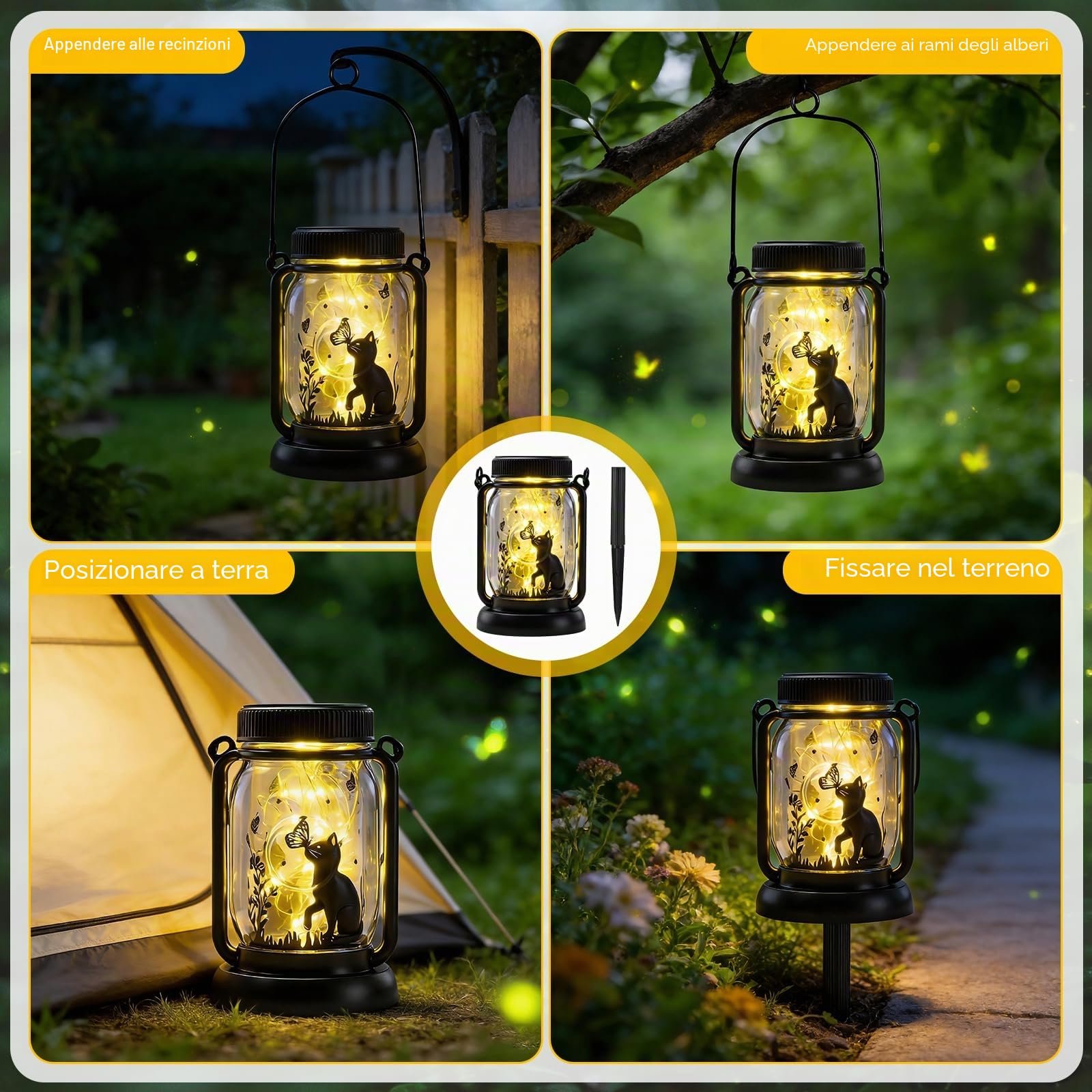 Lanterna Solare da Esterno per Gatto, Lanterne Solari da Esterno con Picchetti in ABS, Impermeabile IP65 Lanterna Solare da Esterno per Giardino Balcone Tavolo Decorazione, Regalo Donne Gatto