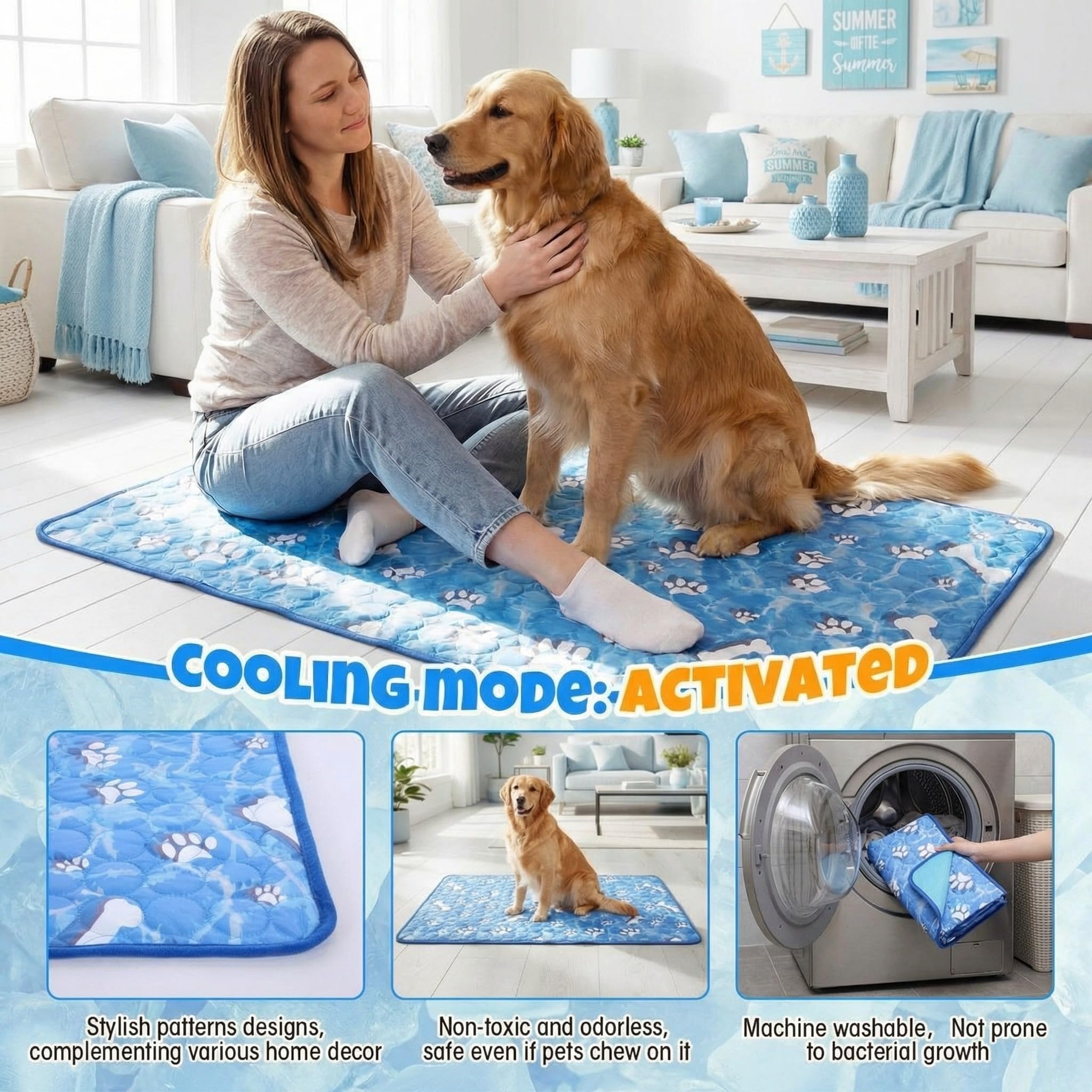 Sadnyy 4 alfombrillas de refrigeración extragrandes para perros de 44 x 32 pulgadas, para climas cálidos, ligeras, frescas al tacto, lavables y transpirables, para perreras, hogar en verano, no