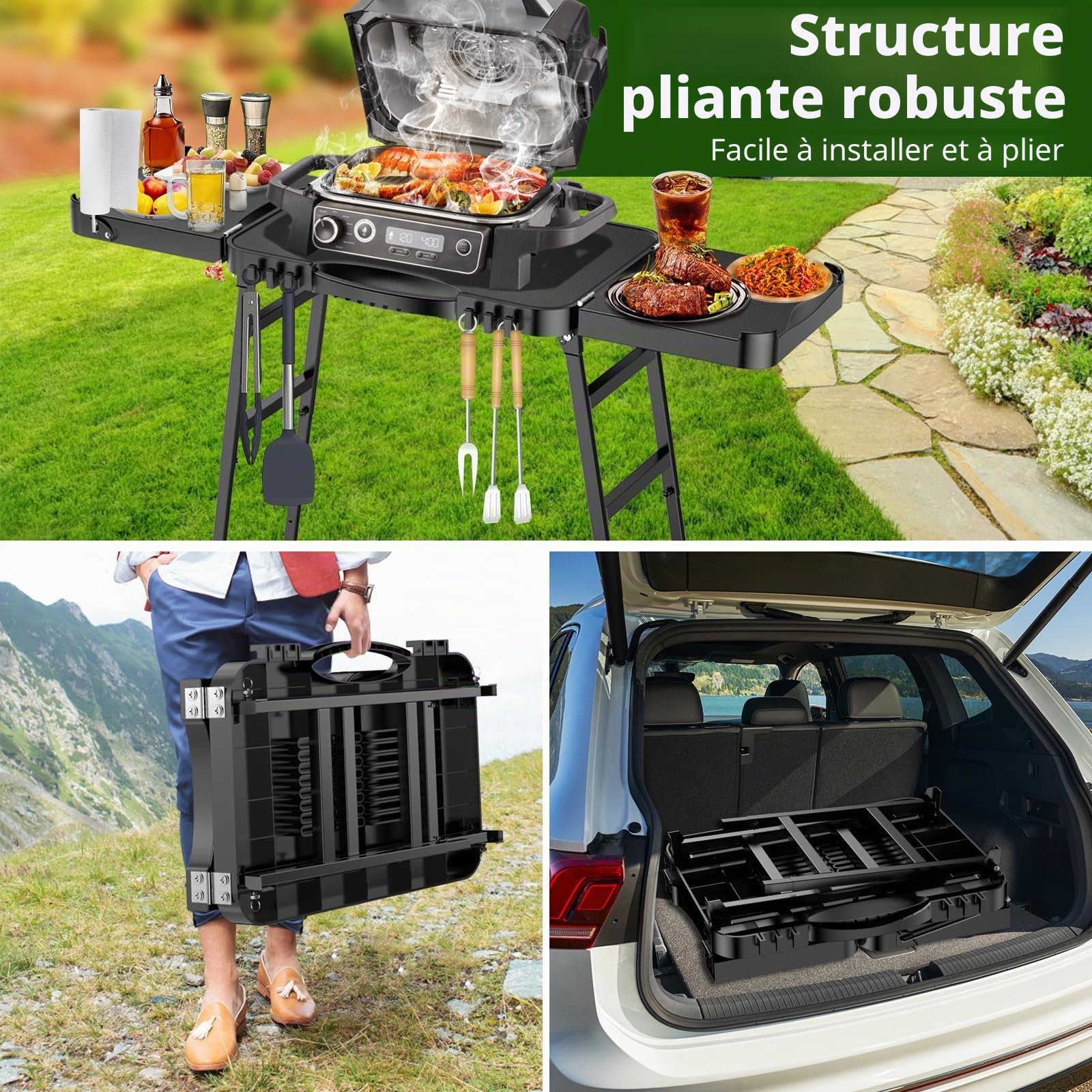 GFTIME Chariot de barbecue portable universel pour Enders Urban, Weber Q100 Q200 Q300 Series, Ninja Woodfire Grill, Burnhard Wayne, support de barbecue universel, pliable pour l'extérieur