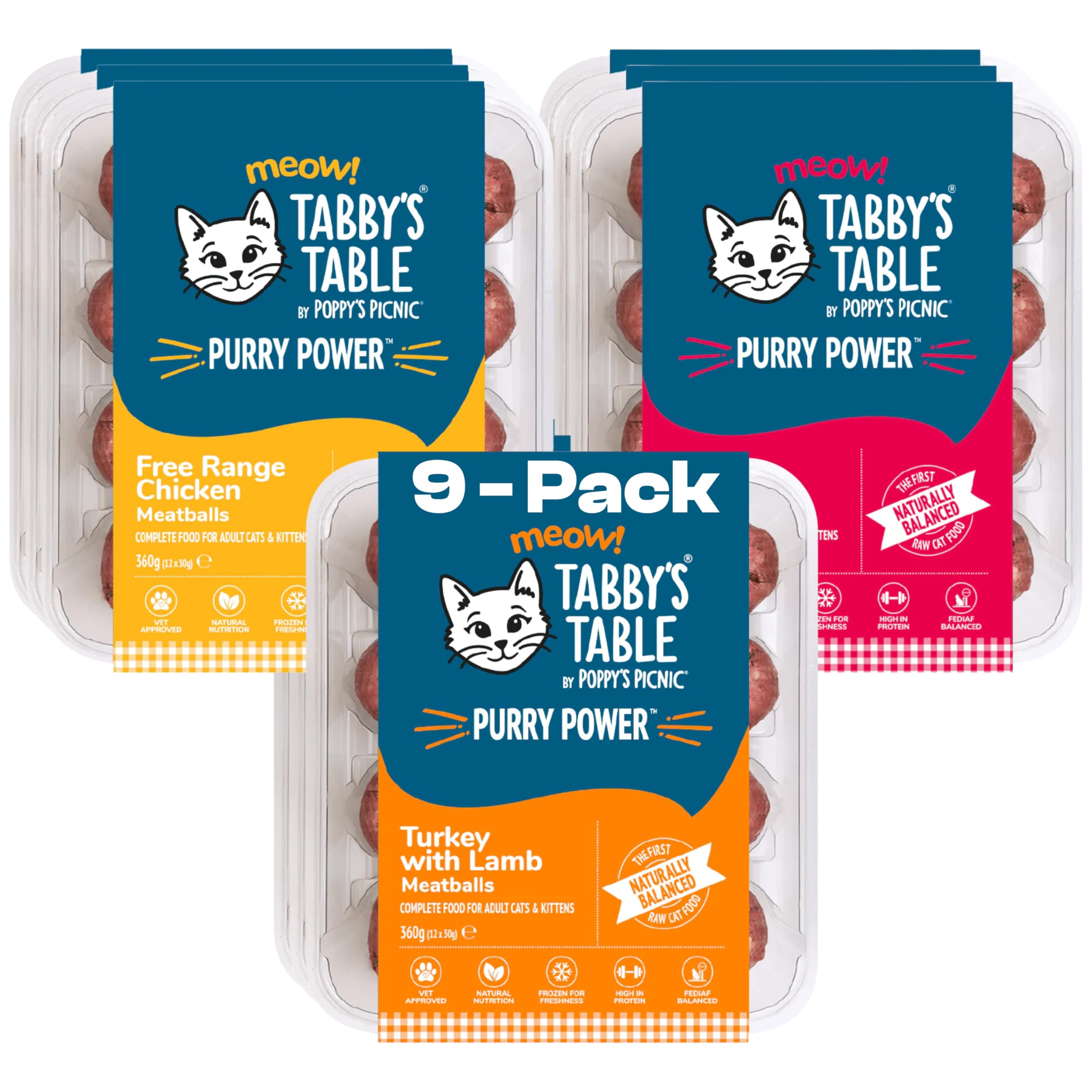 Tabby’s Table - PURRY POWER Starter Pack – 9 Pack Cat Food Frozen – High Protein Filler Free – Complete Raw Cat Food for Kittens, Adults & Seniors – 9 x 360g