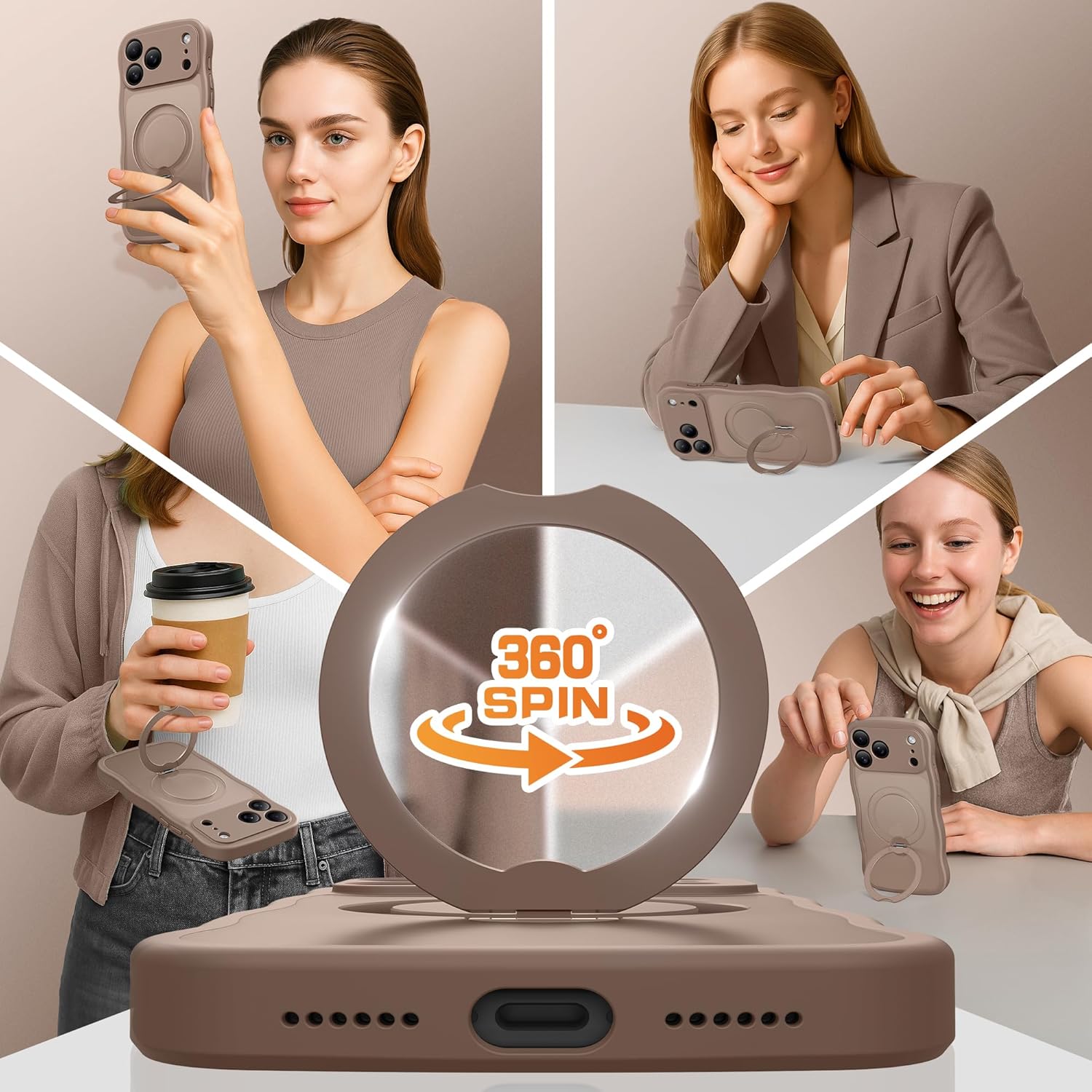 GolbinBox for iPhone 17 Pro Case for Women,[Compatible with Magsafe][360° Spin Magnetic Stand][Cute Wave Edge][Military-Grade Protection] Translucent Matte Phone Case for iPhone 17 Pro,Withered Brown - Image 4