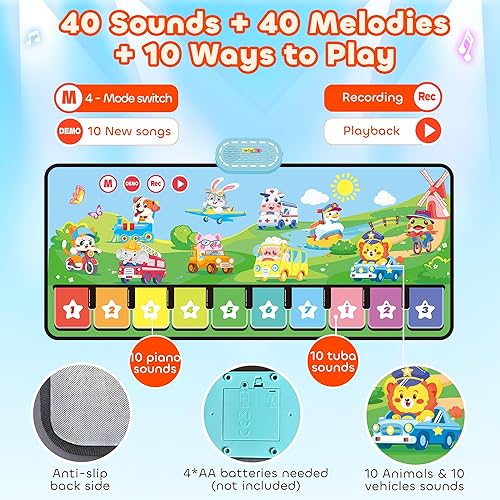 Miniatura 4 de MOMUSE Tapete musical de piano con 80 sonidos, manta táctil de animal grande para automóvil, alfombra musical para niños pequeños de 1 a 3, tapete