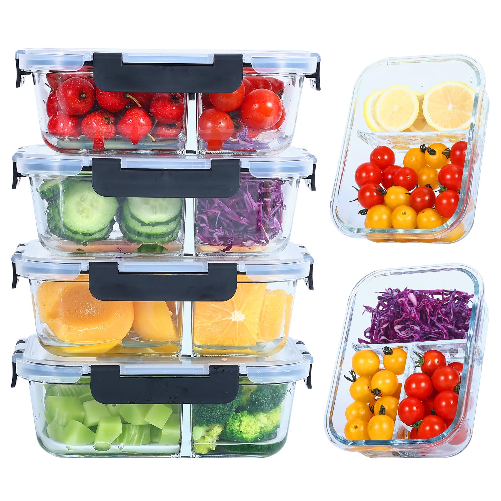 Contenitore in vetro con coperchio Meal Prep, 2 & 3 scomparti (4 pezzi, 1040 ml) con coperchio, controllo delle porzioni, ermetico, sicuro per forno e congelatore