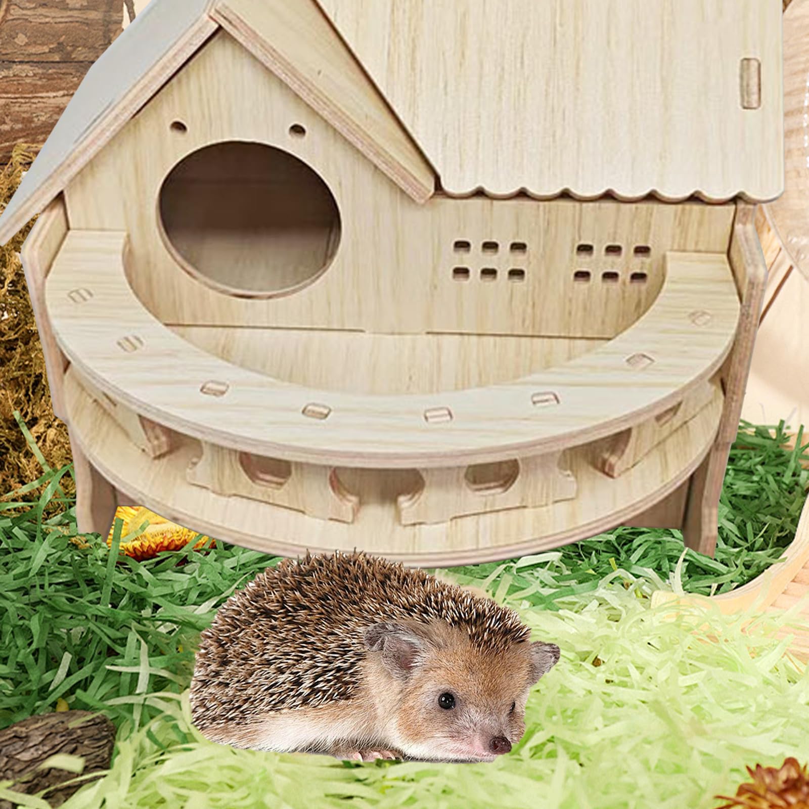 Casa para Erizos, 35 x 27 x 27 cm Casa del Erizo de Madera con Terraza Gran Casa para Erizo Desmontable con Múltiples Entradas y Salidas Redondas para Erizos o Cobayas para Refugio e Hibernación