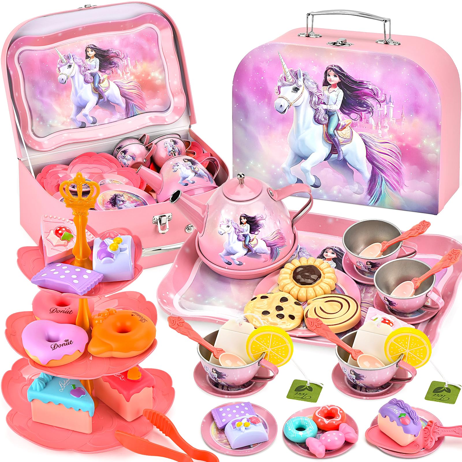 48 Pezzi Set da Tè Per Bambini, Tè Pomeridiano Accessori Cucina Bambini con Dessert Donut Tazze Piatti, Set Cucina Giocattoli per Natale Compleanno Regalo Bambina 3 4 5 6 7 Anni