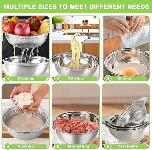 Miniatura 7 de Cuenco colador para lavadora de arroz, juego de 7 coladores de acero inoxidable, colador de arroz de 3 cuartos de galón, 4 cuartos de galón y 5