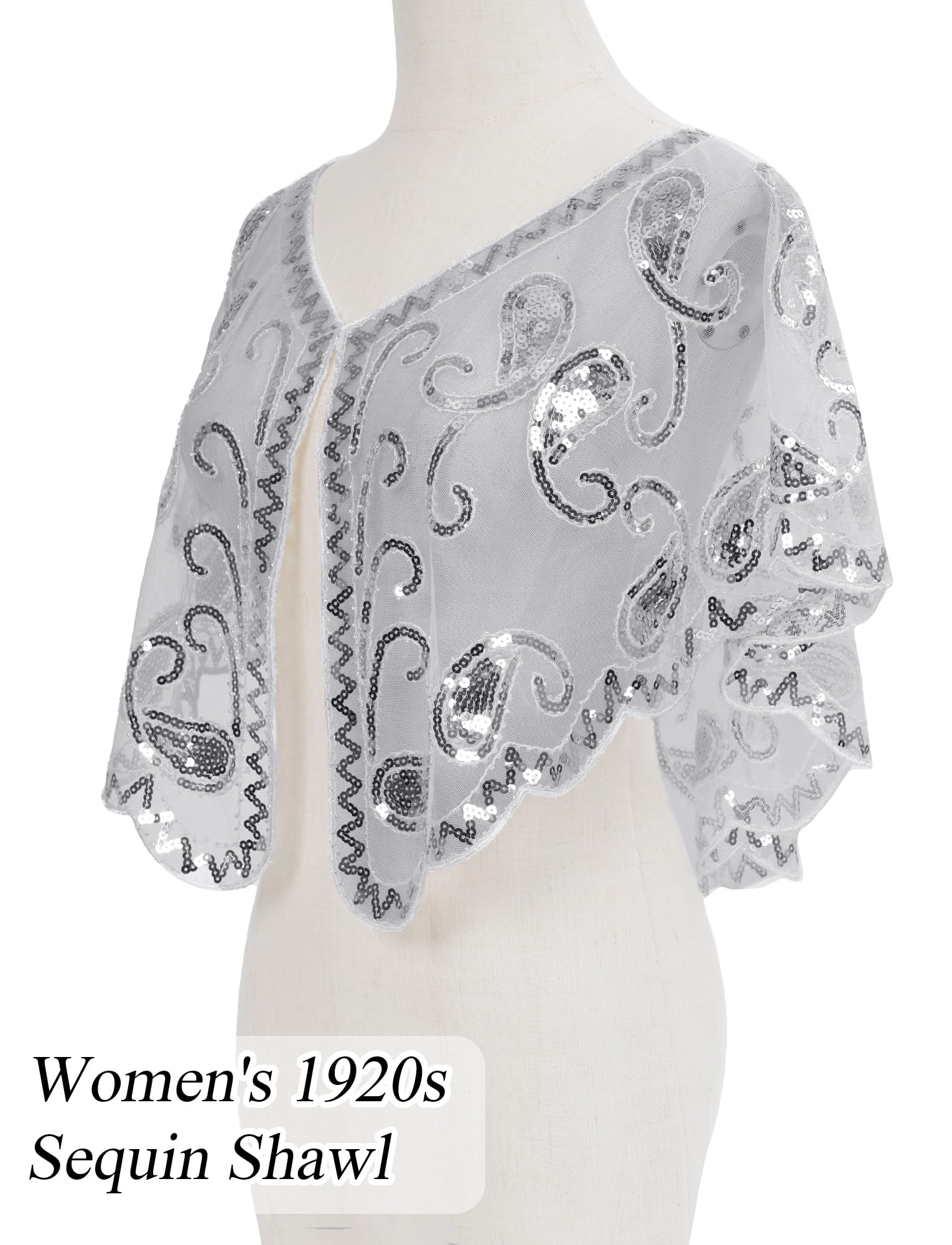 Ausing Women's 1920s Shawl Sequin Evening Cape Flapper Shrug Great Gatsby Retro Tulle Shawls Vintage Mesh Shawl Wraps Shiny Short Art Deco Wrap Bridal Party Wedding Cover Up Grey - Image 2