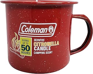 Repellents Tin Mug Outdoor Citronella Candle | Rustic Outdoor Camping Candle with Campfire Scent, Red