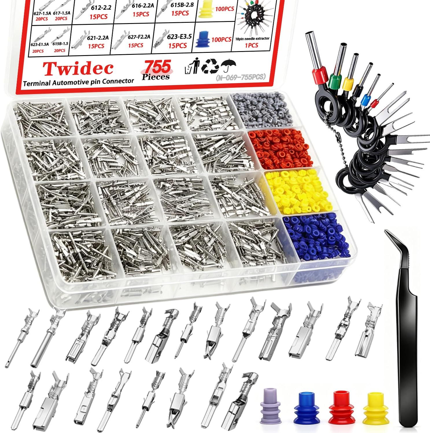 755Pcs Car Electrical Wire Terminal Pins Connector Kit 1/1.5/1.8/2.2/2.8/3.5mm