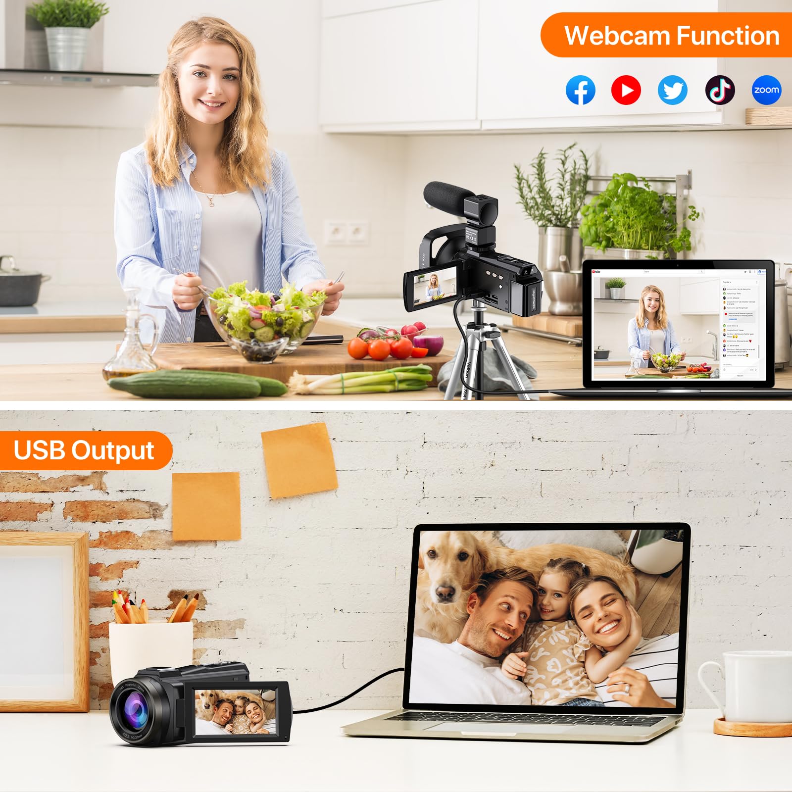 Video Camera, 5K Camcorder UHD 48MP WiFi Vlogging Camera for YouTube IR Night Vision Anti-Shake 16X Digital Zoom 3” Touch Screen Camera with Microphone,Handheld Stabilizer,Lens Hood,Remote,2 Batteries