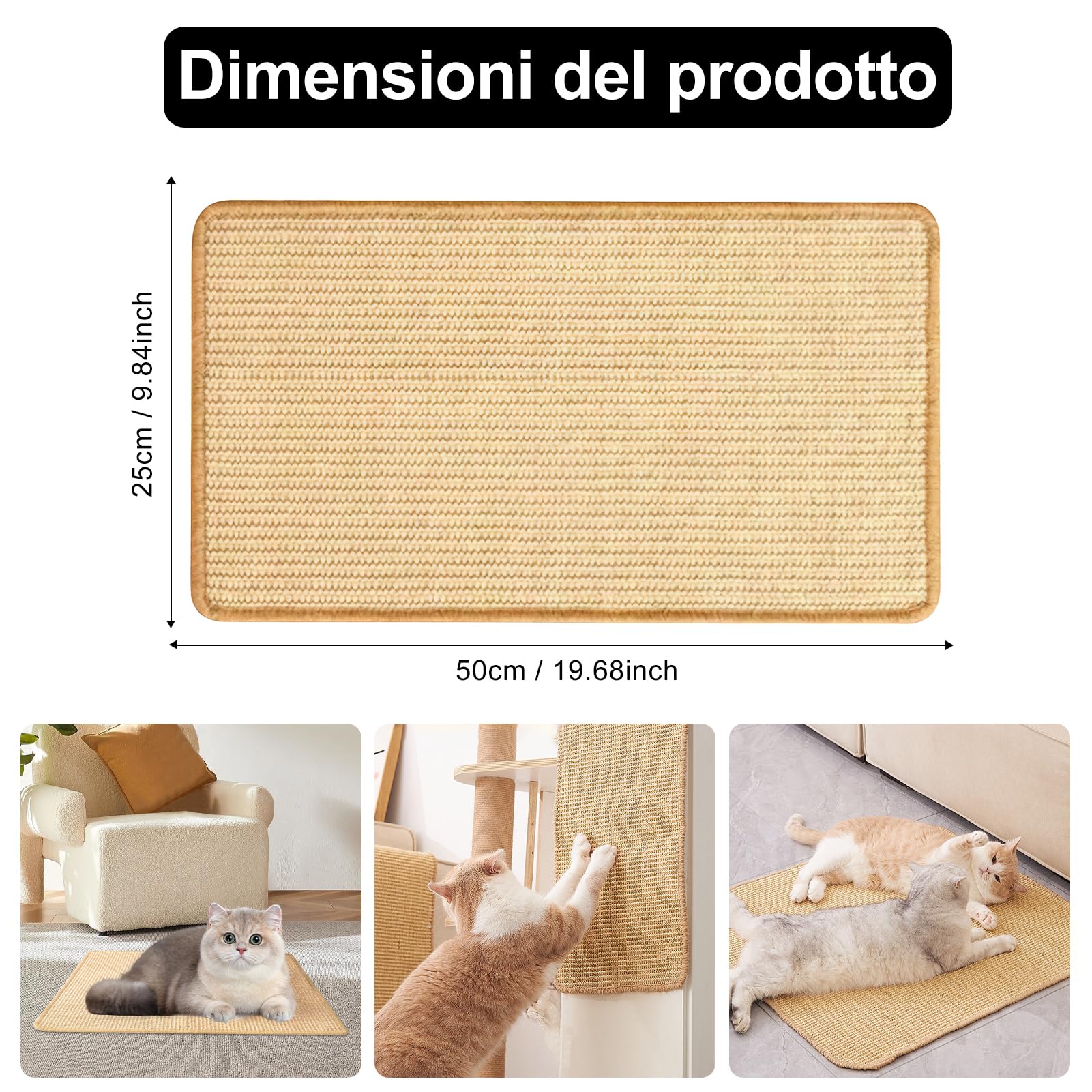 Tappetini Tiragraffi Per Gatti In Sisal - 3 Pezzi 50x25 Cm, Antiscivolo E Protettivi Per Mobili