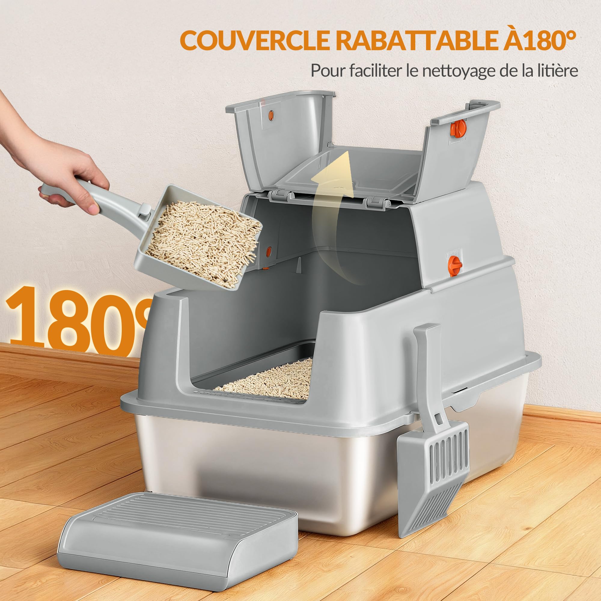 Bac à Litière en Acier Inoxydable avec Couvercle, XXL Bac à Litière Fermé,Couvercle à Charnière à 180°, Pédale et Pelle Incluses, Facile à Nettoyer, Amovible, 61 x 41 x 40 cm, Gris Clair