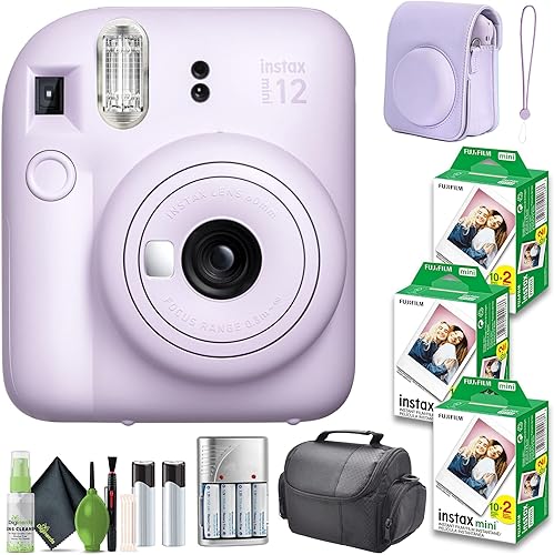 FUJIFILM INSTAX Mini 12 - Cámara de película instantánea color lila con Fuji INSTAX Mini película instantánea, 60 hojas de fotos con estuche para