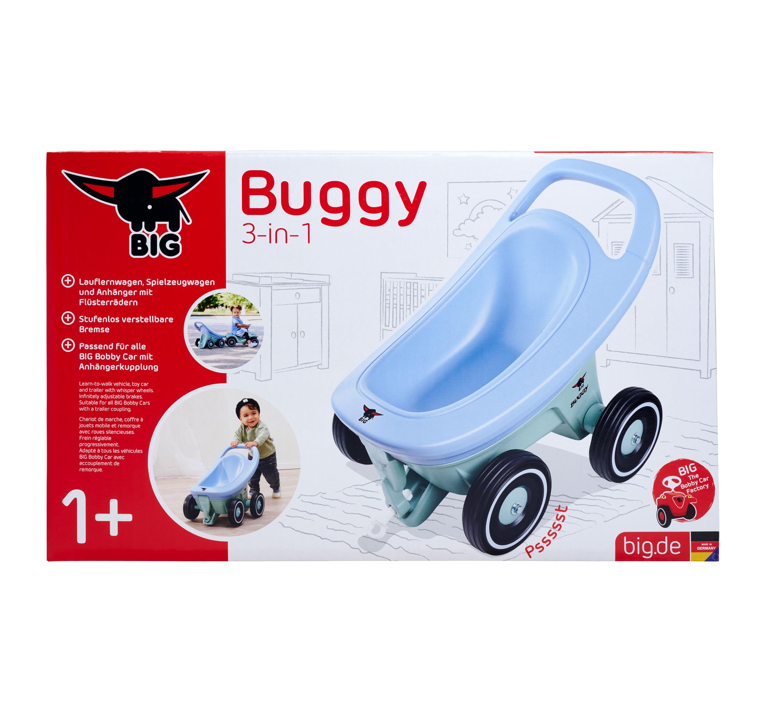 BIG Buggy 3-in-1 Lauflernwagen mit verstellbarer Bremsfunktion, Anhänger, inklusive 4 Flüsterräder, blau-türkiser BIG Buggy, für Kinder ab 1 Jahr