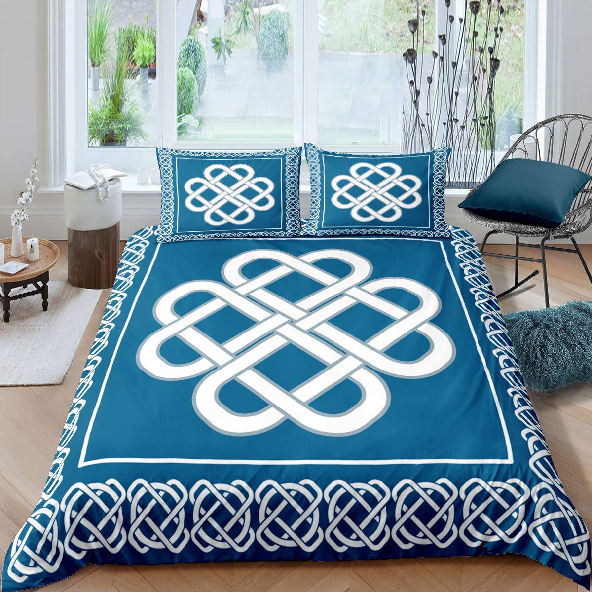Juego de ropa de cama con estampado geométrico azul marino para habitación de niños, niñas y adolescentes, funda de edredón de microfibra suave decorativa (1 funda de edredón y 2 fundas de almohada),