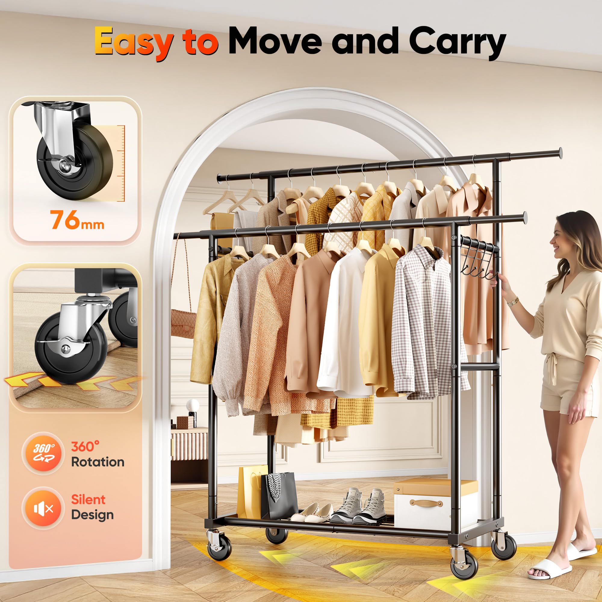 HOKEEPER - Perchero de doble barra, resistente, capacidad de 204 kg con ruedas y estantes, perchero portátil para dormitorio, lavandería, abrigos y prendas, color negro