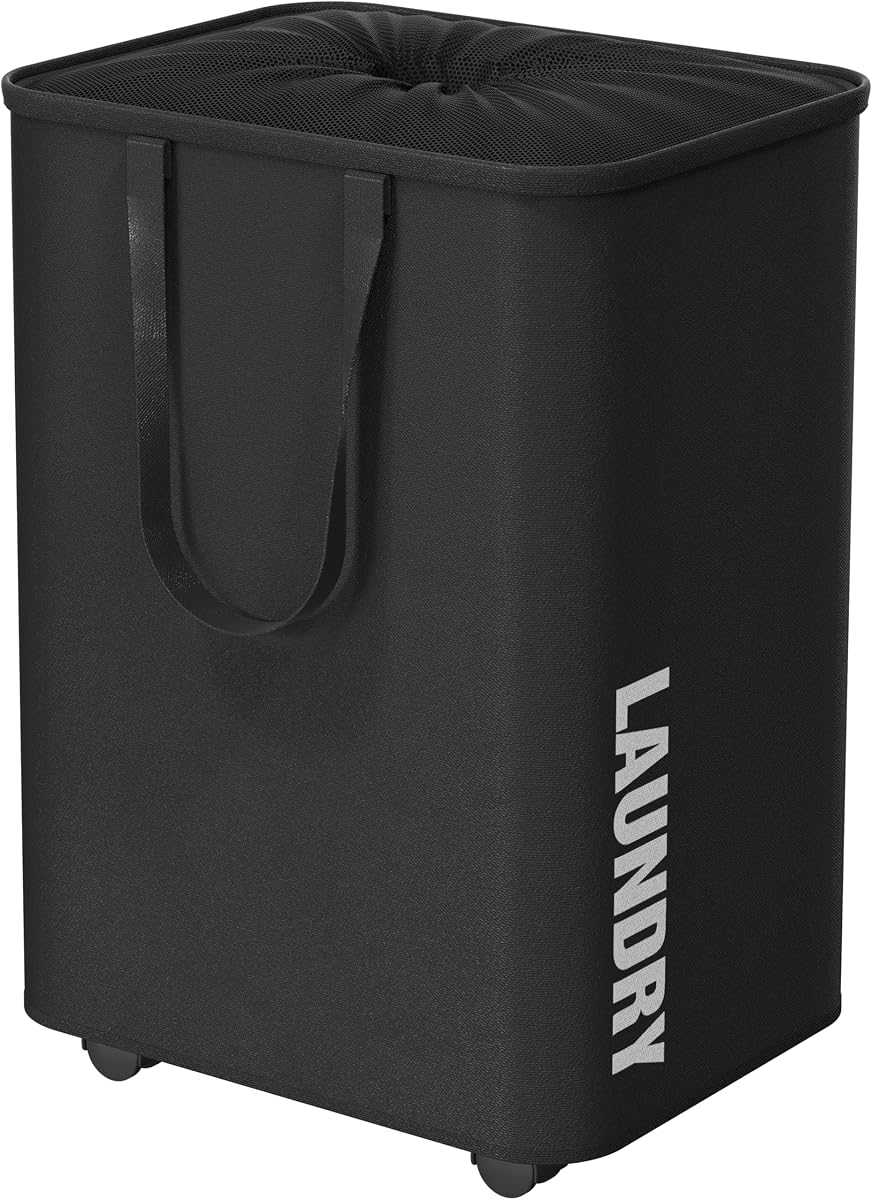 Simple Houseware Large 82L Laundry Basket with Wheels and Handles, Black | Collapsible Waterproof Hamper with Mesh Cover