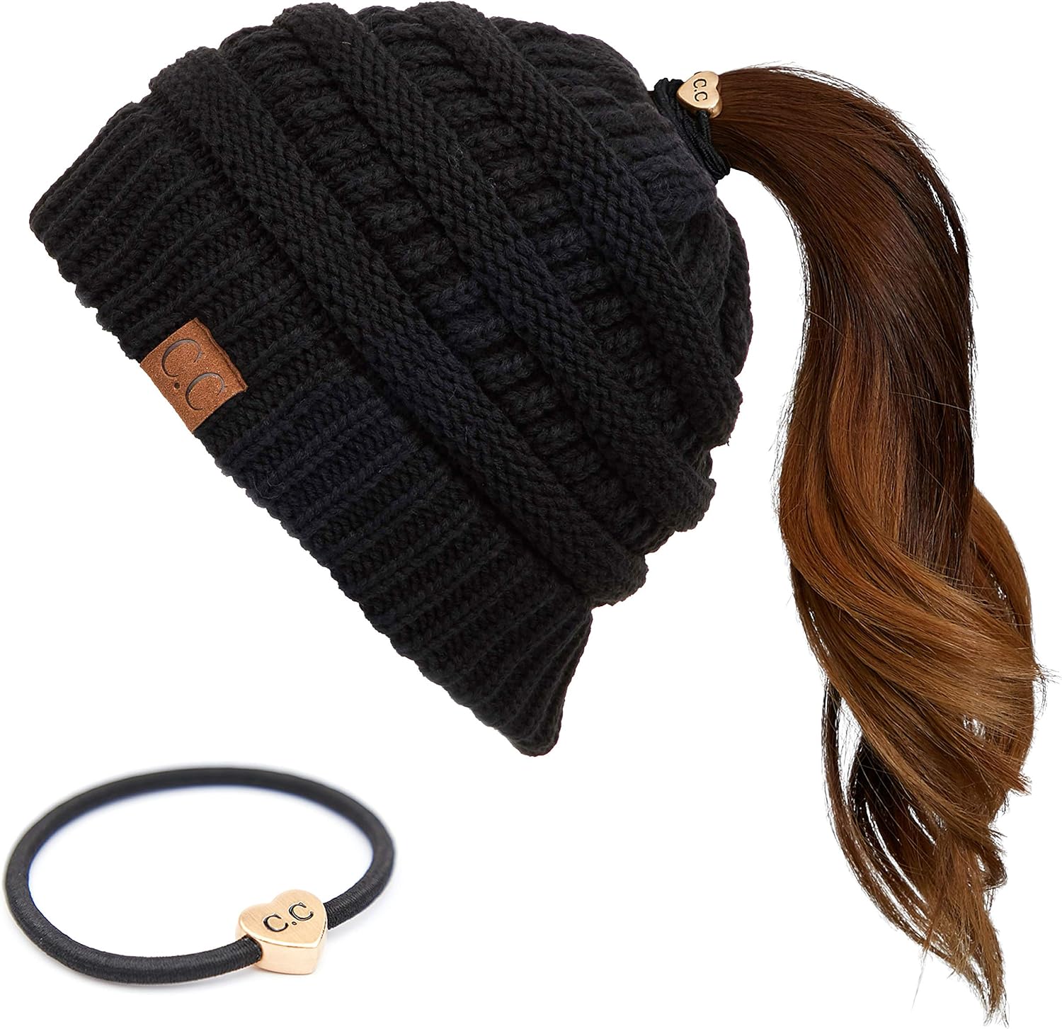C.C Exclusives Soft Stretch Cable Knit Messy Bun Ponytail Beanie Winter Hat for Women Bundle with C.C Hair Tie (MB-20A-R) (Black) (HAT-with CC Ponytail Holder)