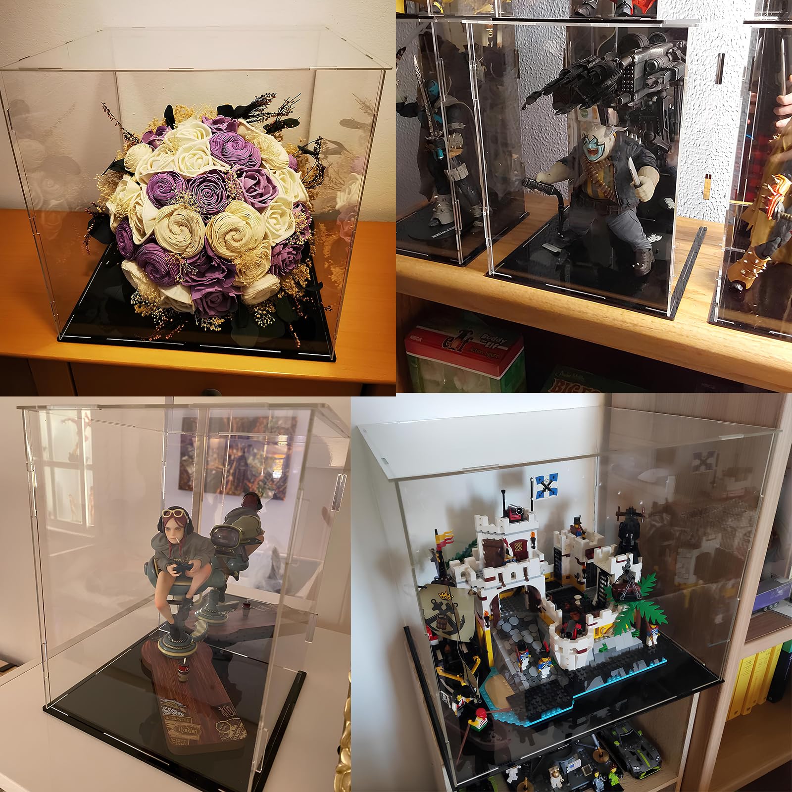 Vitrine pour collections avec socle noir, 60x60x60 cm / 24x24x24 po, Vitrine acrylique transparente, Présentoir transparent pour salon, chambre à coucher, bureau