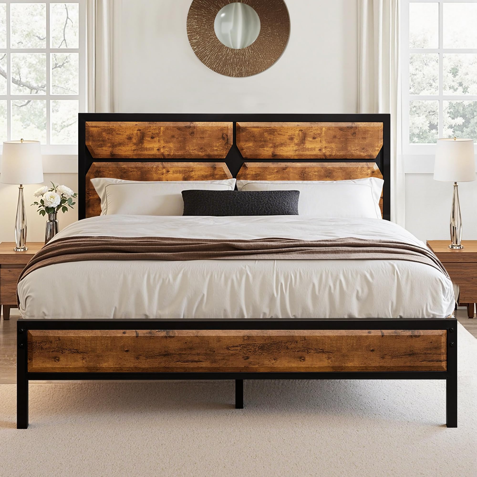 VECELO 4ft6 Bed Frame Double Bed with Wood Headboard, 135×190cm Double Bed Frame, 32cm Underbed storage, Sturdy Metal Slats Support, No Box Spring Needed, Easy Assemble