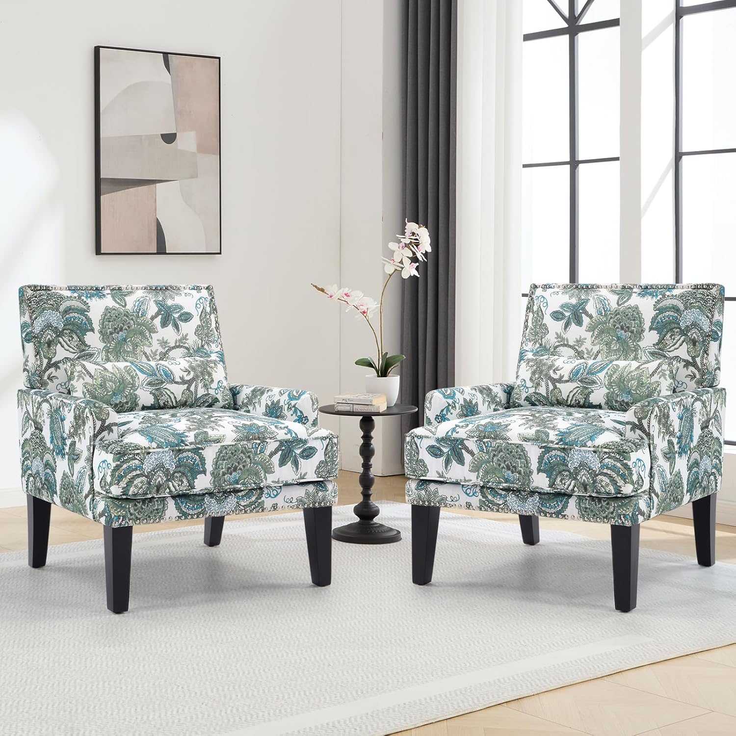 ANJ Floral Accent Chair Set of 2 with Lumbar Pillow,Upholstered Wingback Reading Armchair with Nailhead Trim, Mid-Century Single Sofa Chair for Living Room, Bedroom, Green Floral