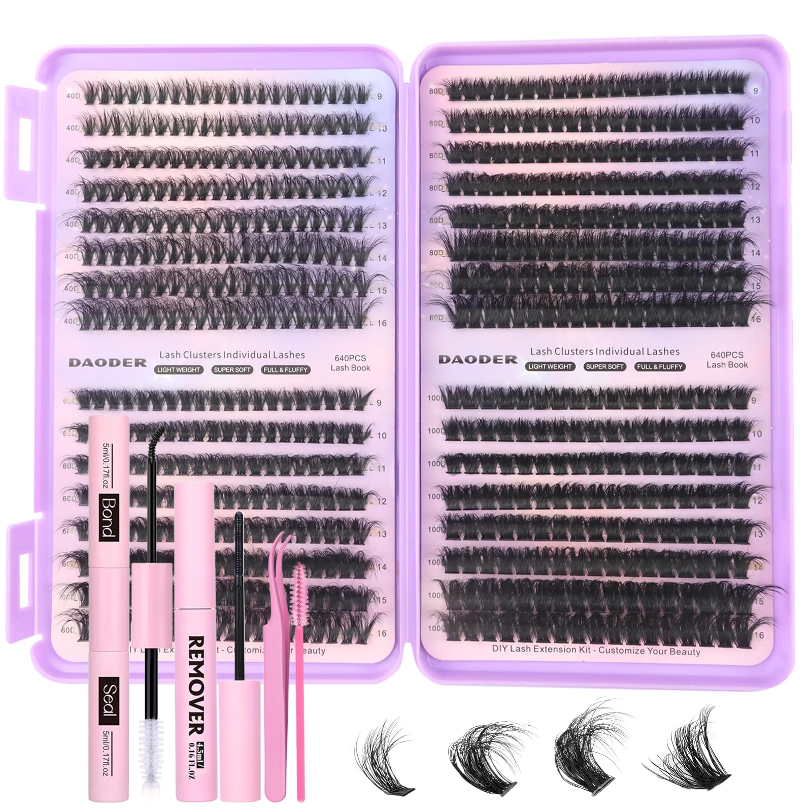 DAODER DIY Lash Extension Kit 640pcs Fluffy Cluster Eyelash Extensions 40D 60D 80D 100D Wispy Individual Lashes D Curl Lash Bond And Lash Extension