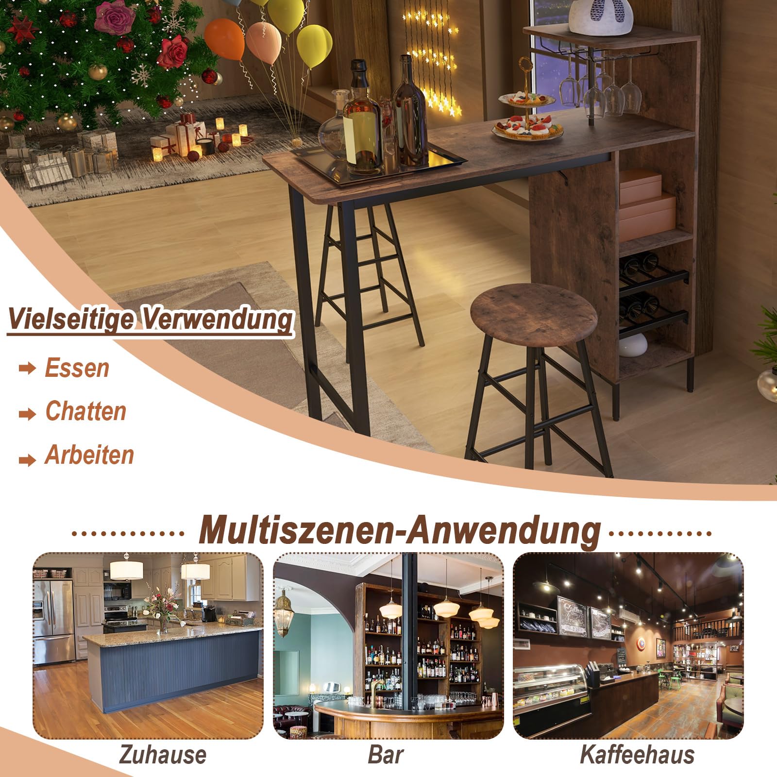 RELAX4LIFE Bartisch Set 3-Teilig, Esstisch mit 2 Barhockern, Thekentisch mit 3 Ablagen & 2-stufigem Weinregal & Glashalter, Bistrotisch Set mit Metallgestell, Essgruppe für 2 Personen (Kaffee)