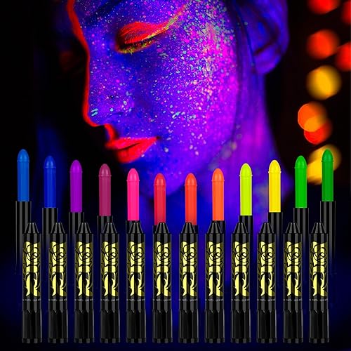 Pintura facial y corporal que brilla en la oscuridad para la piel, kit de maquillaje con luz negra UV para niños y adultos, crayones fluorescentes