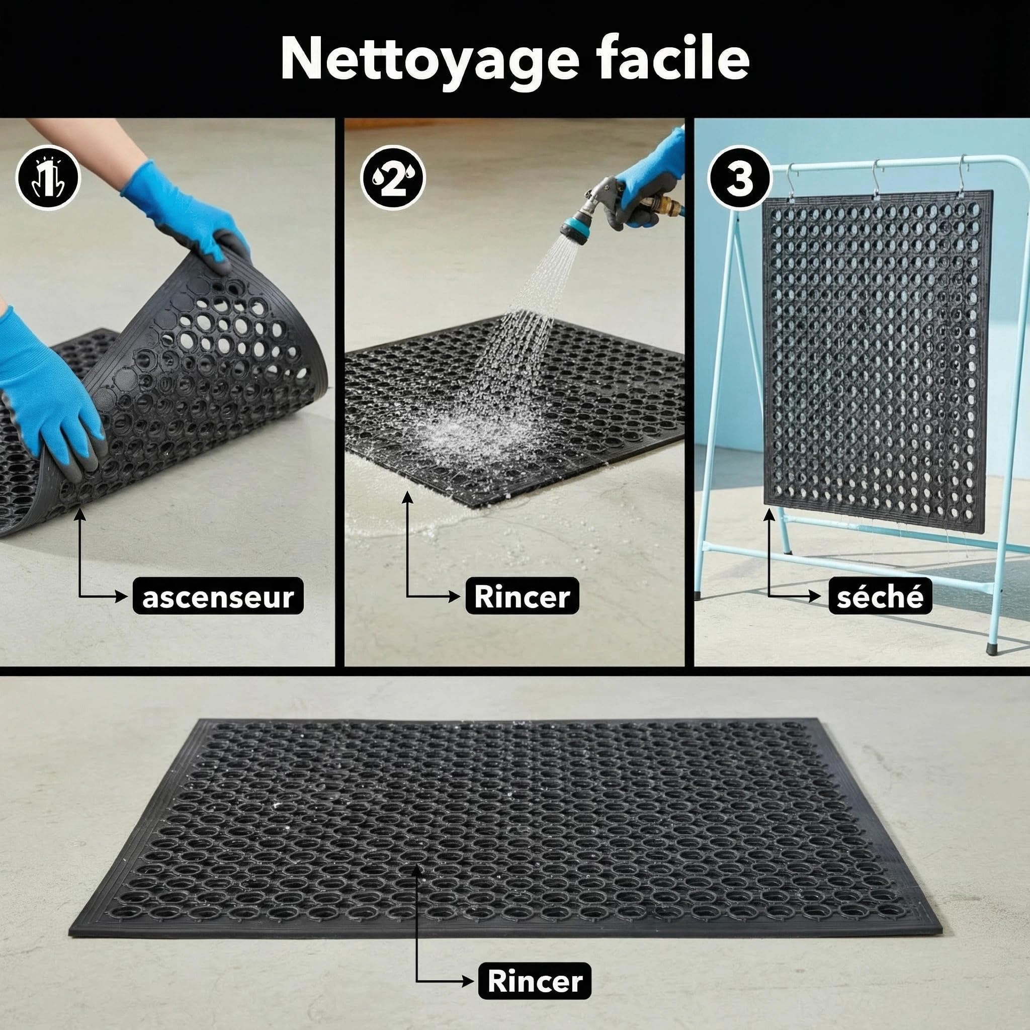 Strapazierfähige Gummimatte mit rundem Loch-Design, rutschfeste, wasserdichte Matte für den Innen- und Außenbereich, ideal für Küche, Werkstatt, Terrasse und Eingangsbereich, Schwarz, 50 x 80