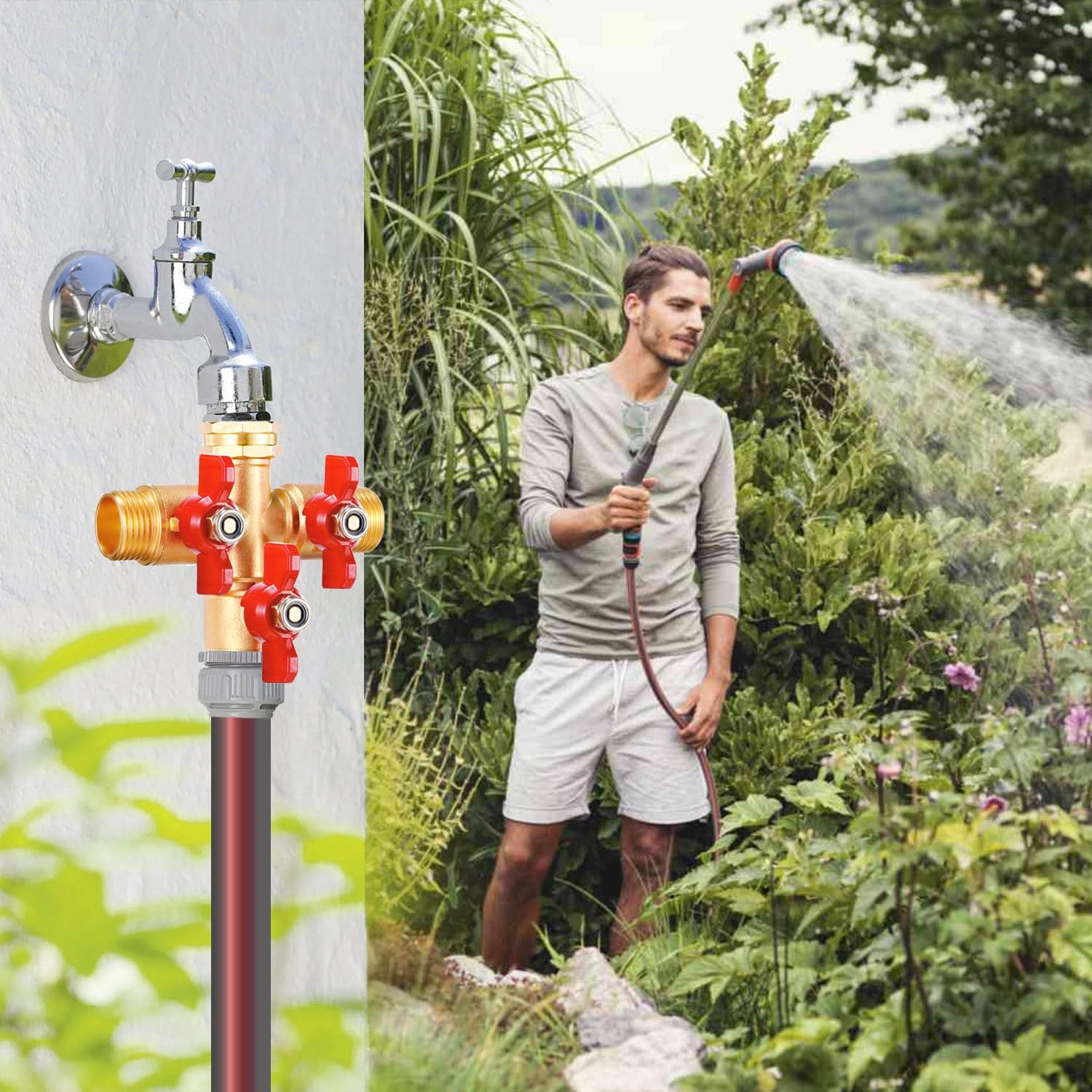 3 Way Hose Splitter Garden Shut Off Valve Solid Brass High Volume Connector Brass Water With Metal Handle Heavy Duty Flow Spigot Splitter Shut Valve, 3/4 Inch Garden Tap Splitter