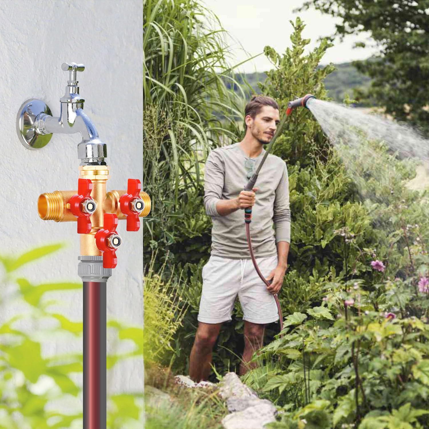 Sdoppiatore per tubo flessibile a 3 vie, valvola di chiusura da giardino, in ottone massiccio, connettore ad alto volume in ottone con manico in metallo, valvola di chiusura per rubinetto da giardino
