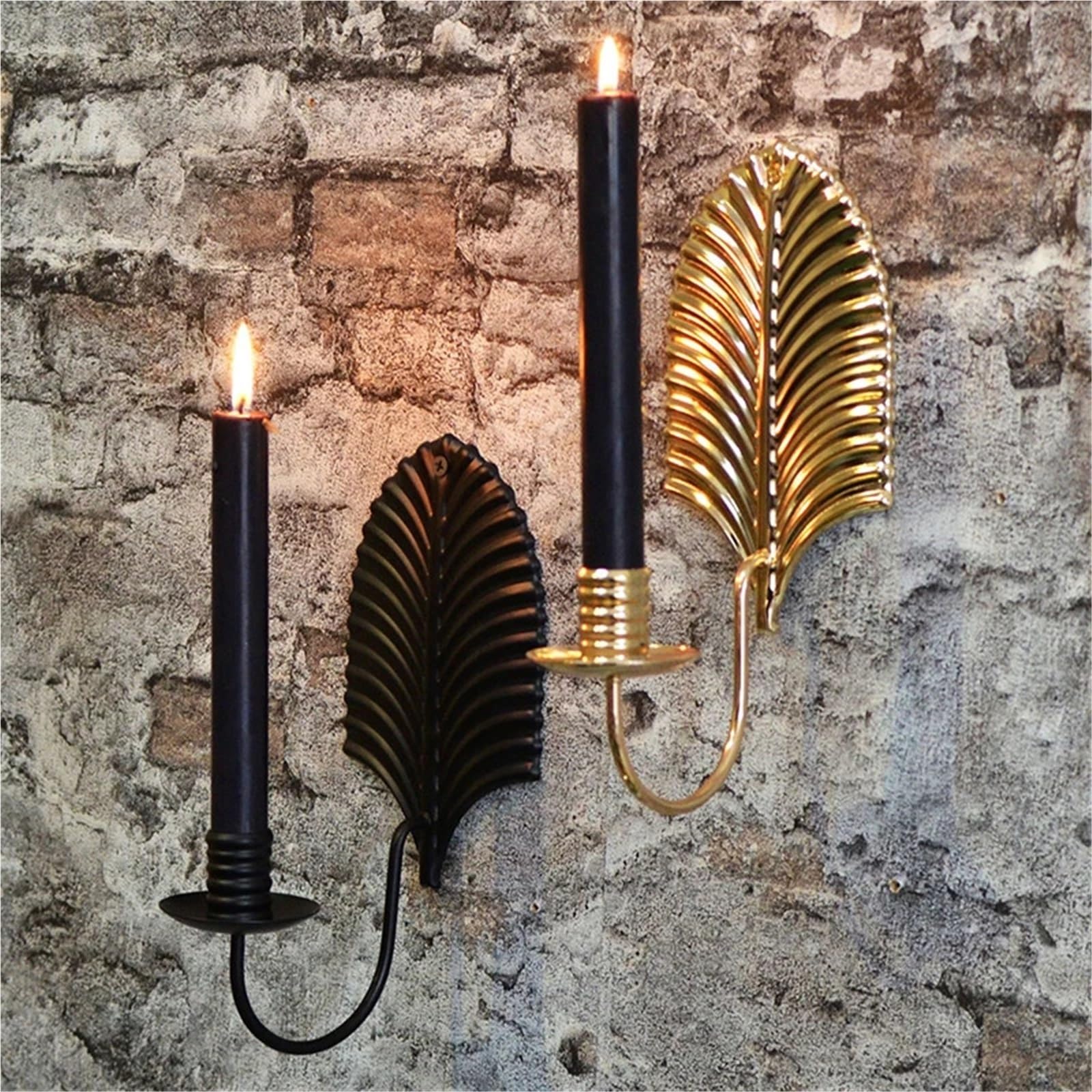 Metall Blatt Kerzenhalter Wandbehang Home Wand montiert Kerzenständer for Outdoor-Wand-Dekor Für Badezimmer Wohnzimmer(Black 2pcs)