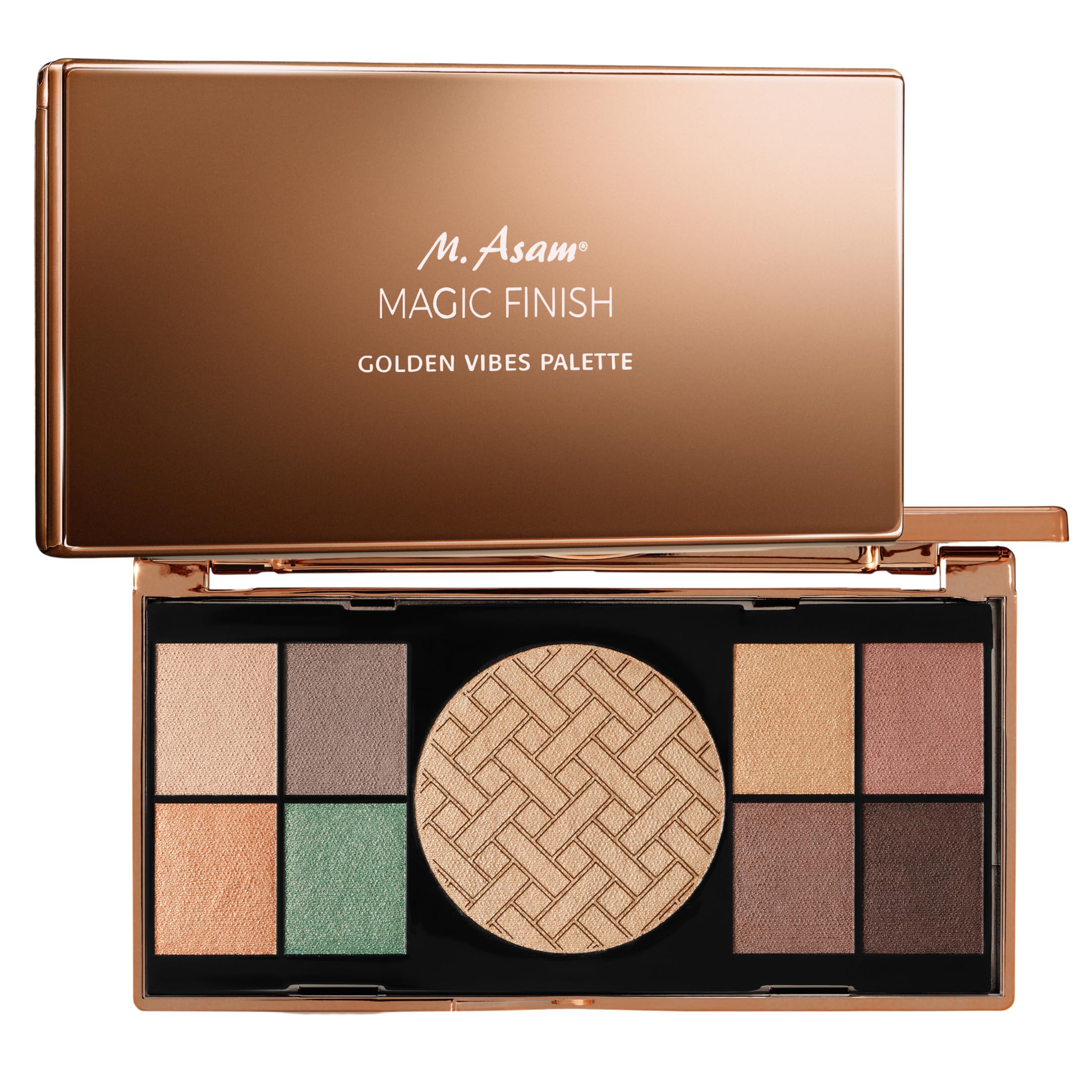 M. Asam MAGIC FINISH Golden Vibes Lidschatten- & Highlighter Palette (8 x 0,75 g / 3 g) – mit 8 harmonisierenden Lidschatten, einem Highlighter & integriertem Spiegel, Make-up für vielseitige Looks