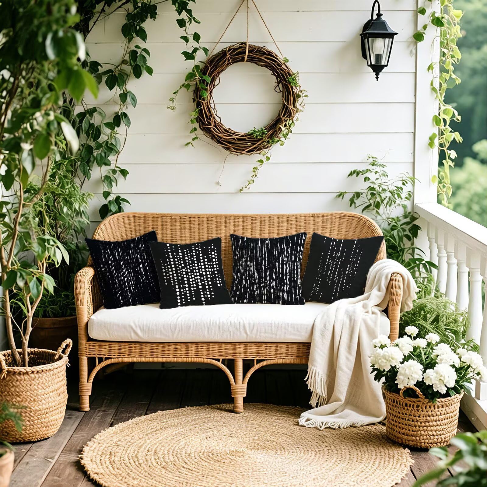 Nero Federe Cuscini Divano 50x50cm, Cuscini da Esterno Set de 4, Cod-127 | Lin Copricuscini Decorativi Letto Arredo, per Letto, Soggiorno, Giardino, Esterno, Casa Decorazione Set di 4 Geometria
